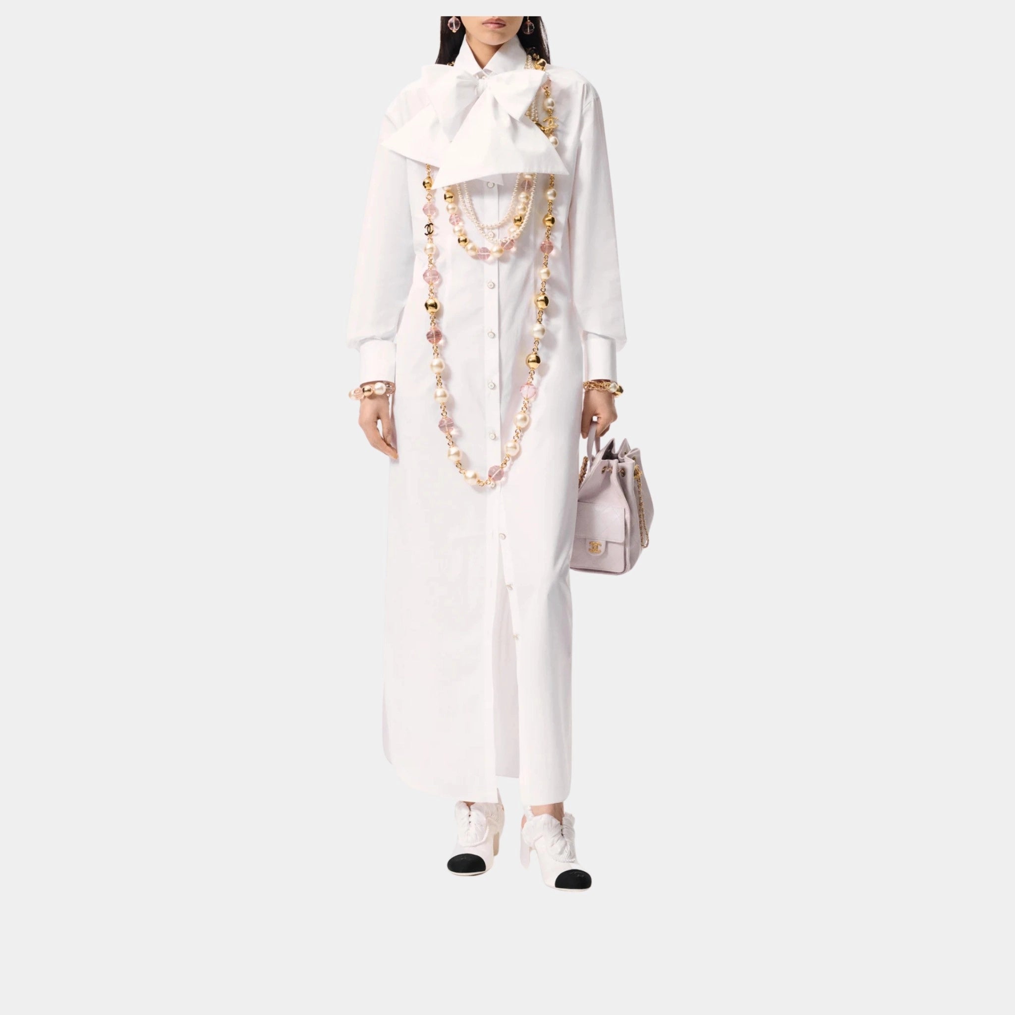 Chanel Long Dress in Cotton Poplin, White, Front