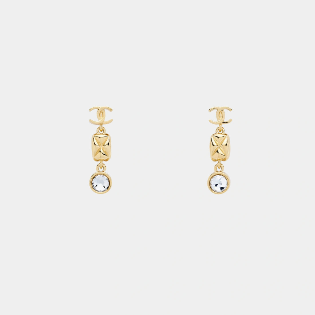 Chanel Pendant Earrings in Gold Metal with Diamantes, Front