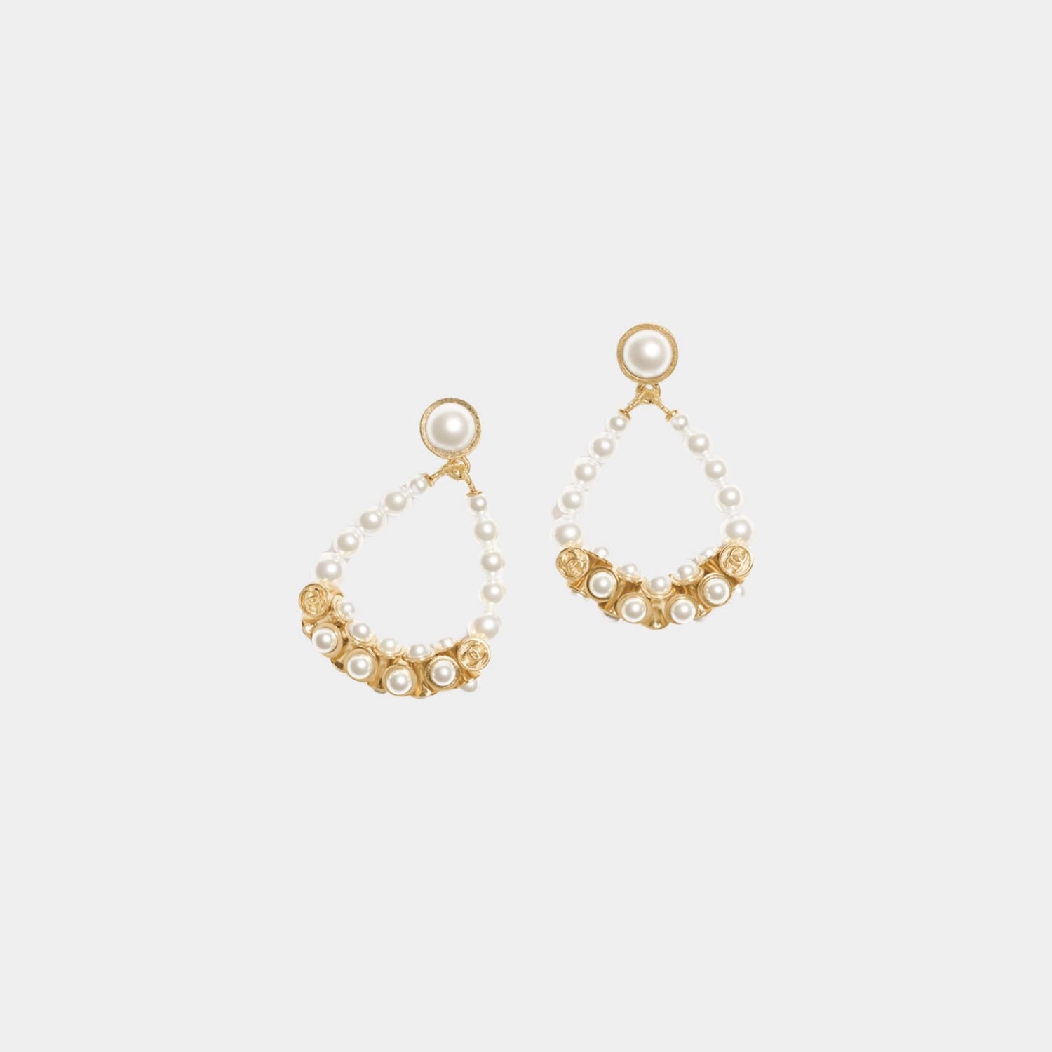 Pendant Earrings Metal &amp; Glass Pearls Gold &amp; Pearly White