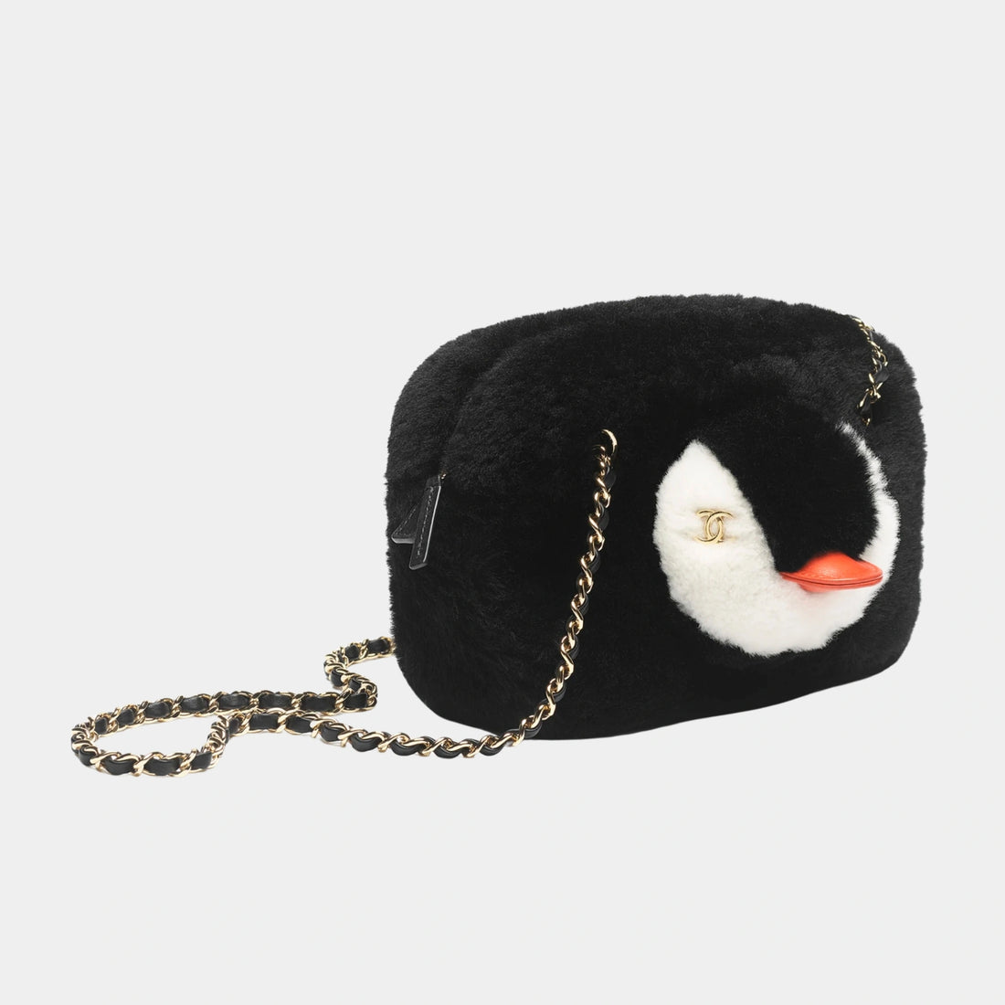 Chanel Penguin Small Camera Case Shearling Lambskin & Gold-Tone Metal Black White & Orange