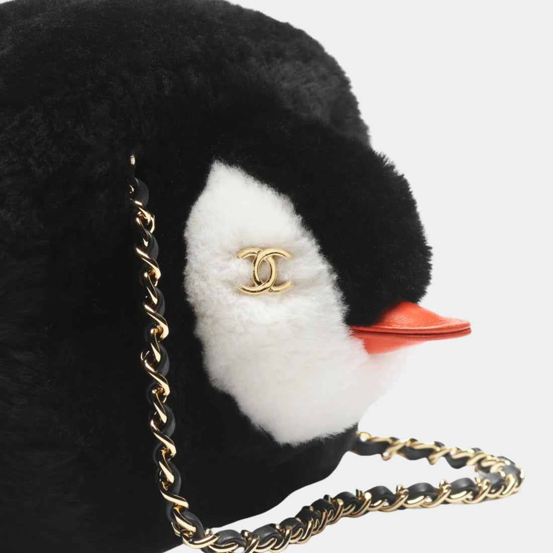 Chanel Penguin Small Camera Case Shearling Lambskin & Gold-Tone Metal  Black White & Orange