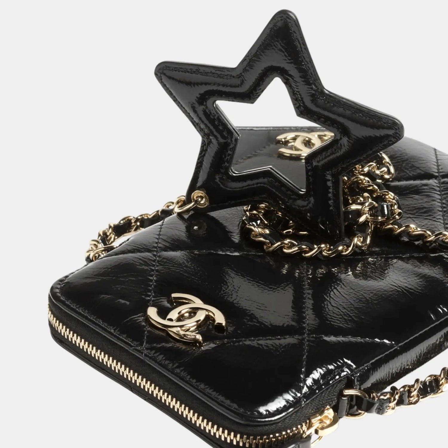 Phone case with chain Black Shiny Crumpled Calfskin