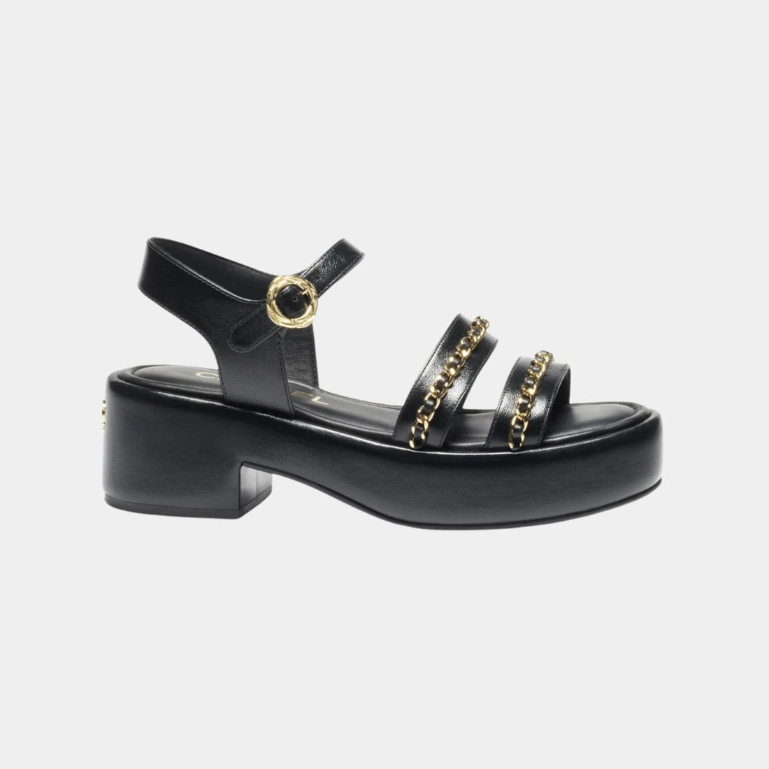 Chanel Platform Sandals in Calfskin, Black, Side