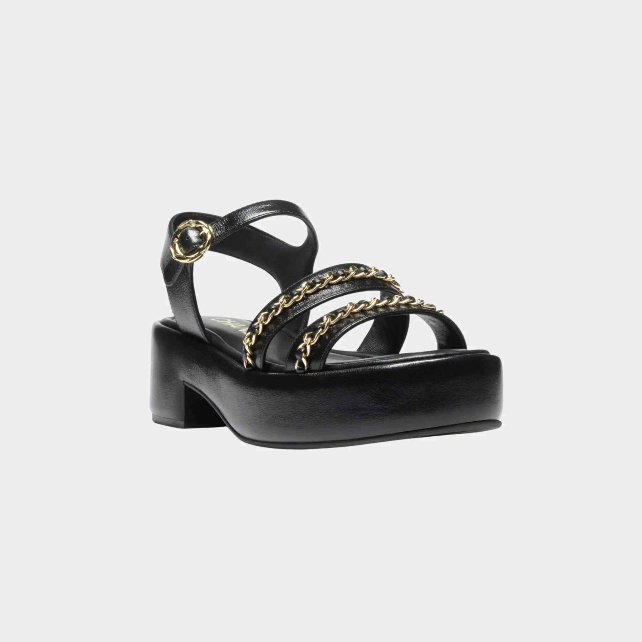 Chanel Platform Sandals in Calfskin, Black, Front