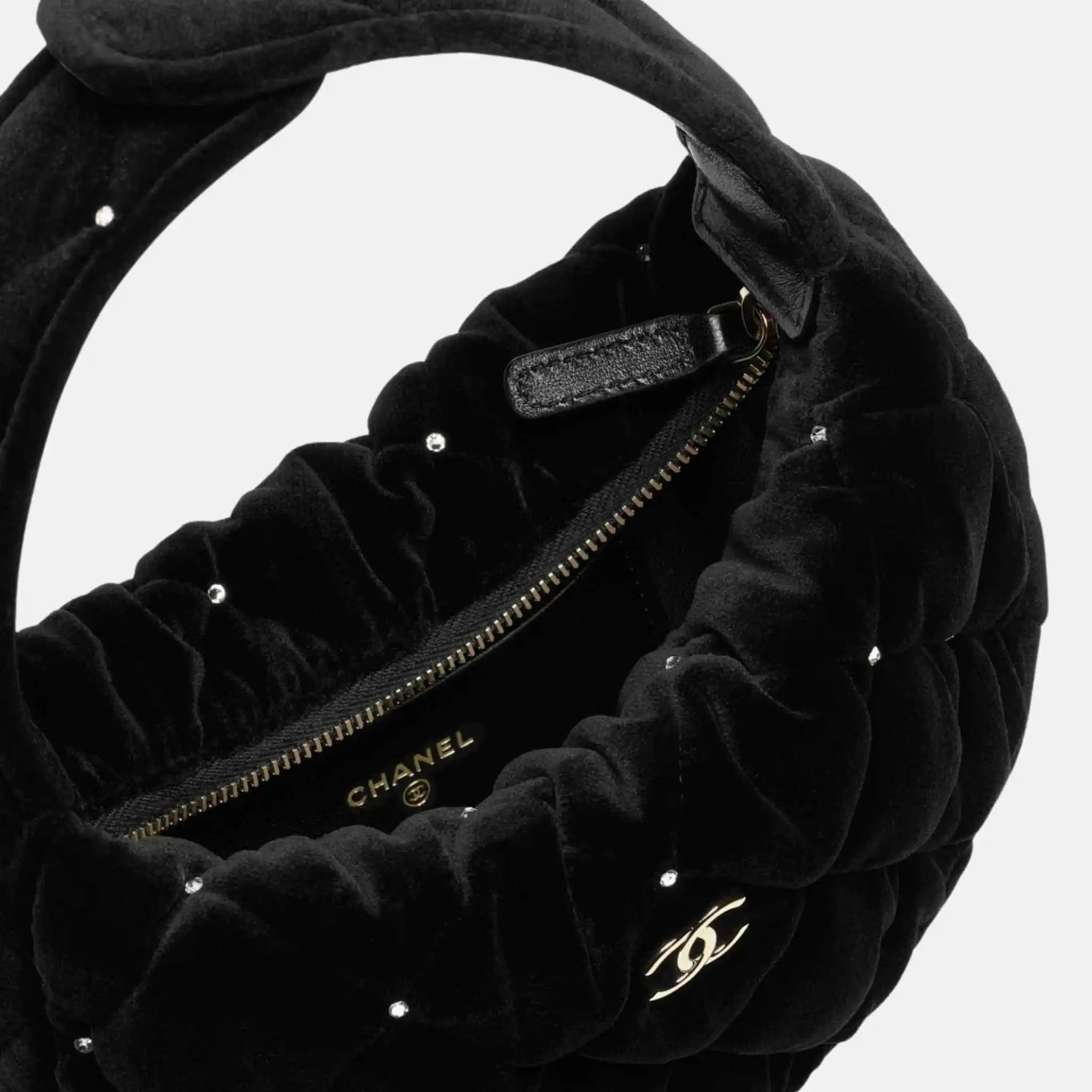 Chanel Pouch Velvet Diamante Gold Tone Metal, Inside