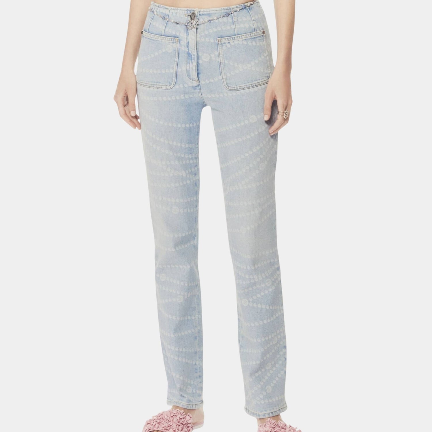 Chanel Printed Washed Light Blue and White Denim Jeans, Front