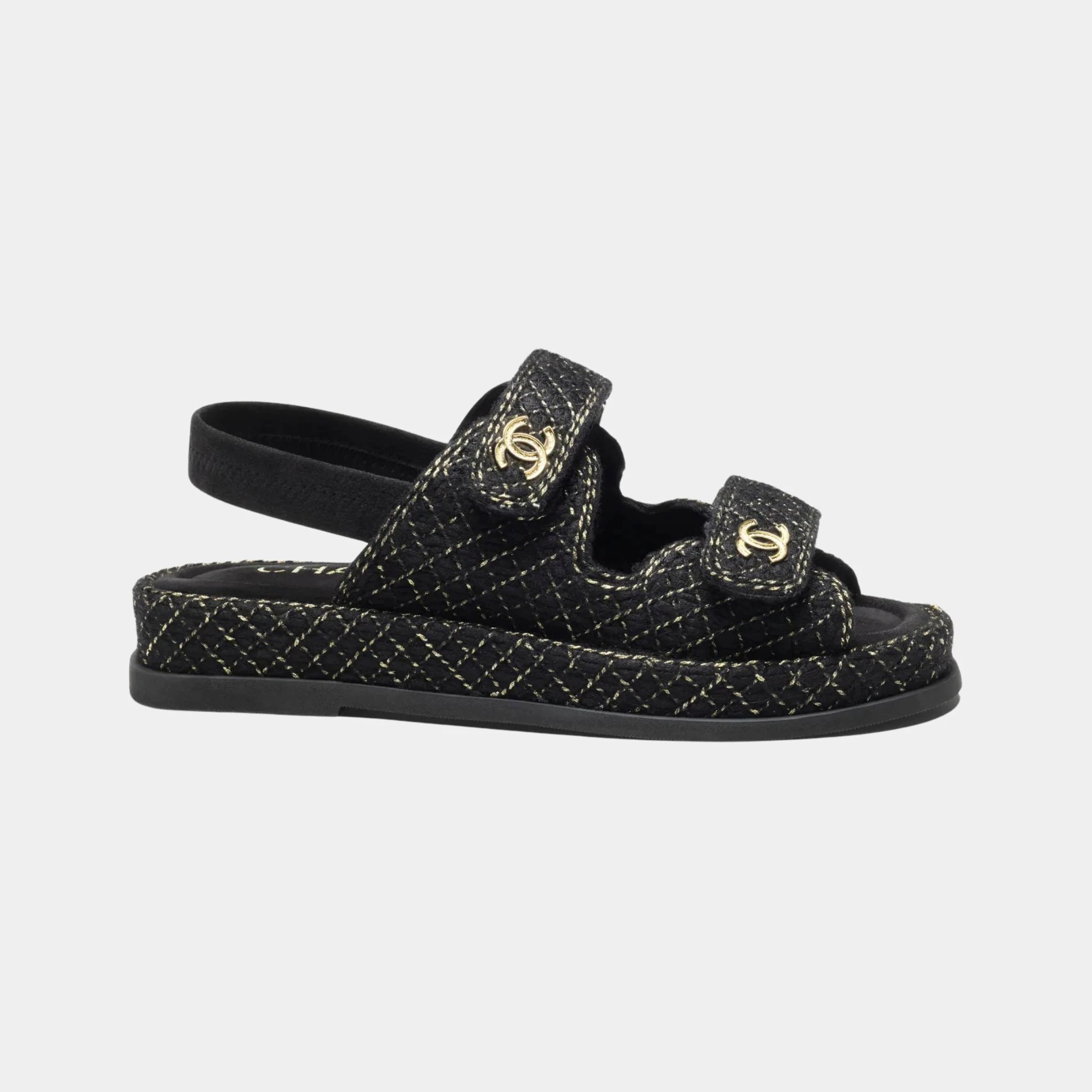 Chanel Sandal in Wool, Alpaca and Goat Velvet, Black, Gold, Side
