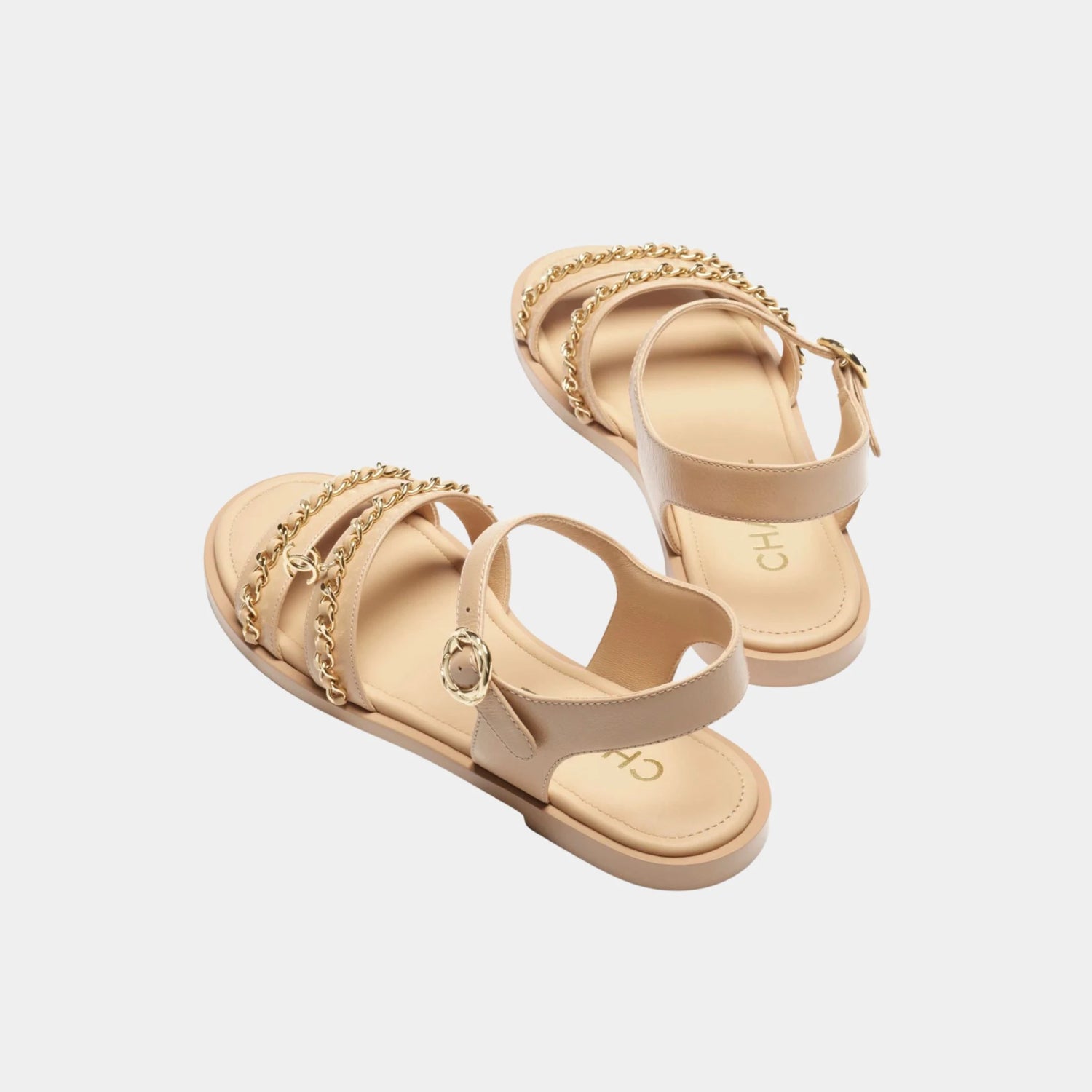 Chanel Sandals in Calfskin with Gold Plated Chains, Beige, Back