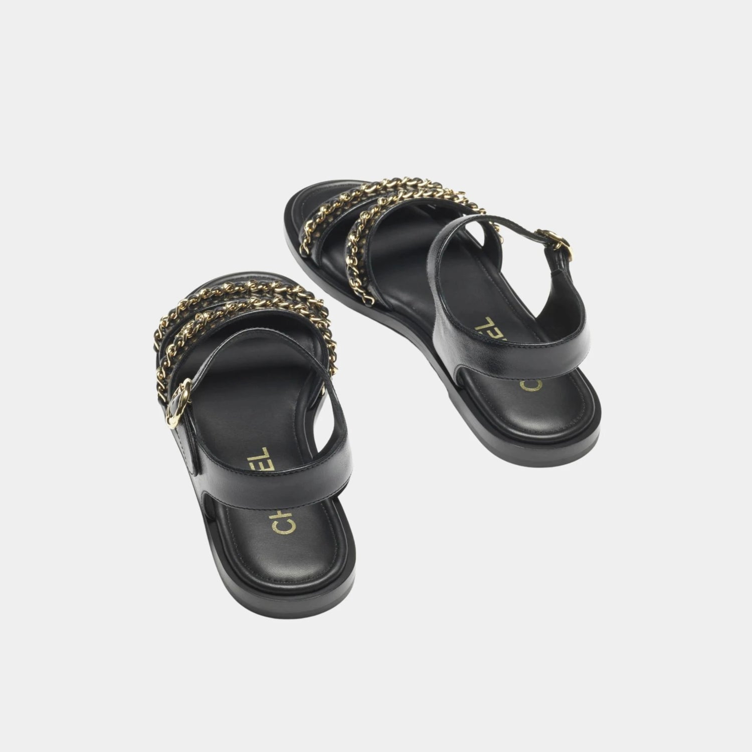 Chanel Sandals in Calfskin with Gold Plated Chains, Black, Back