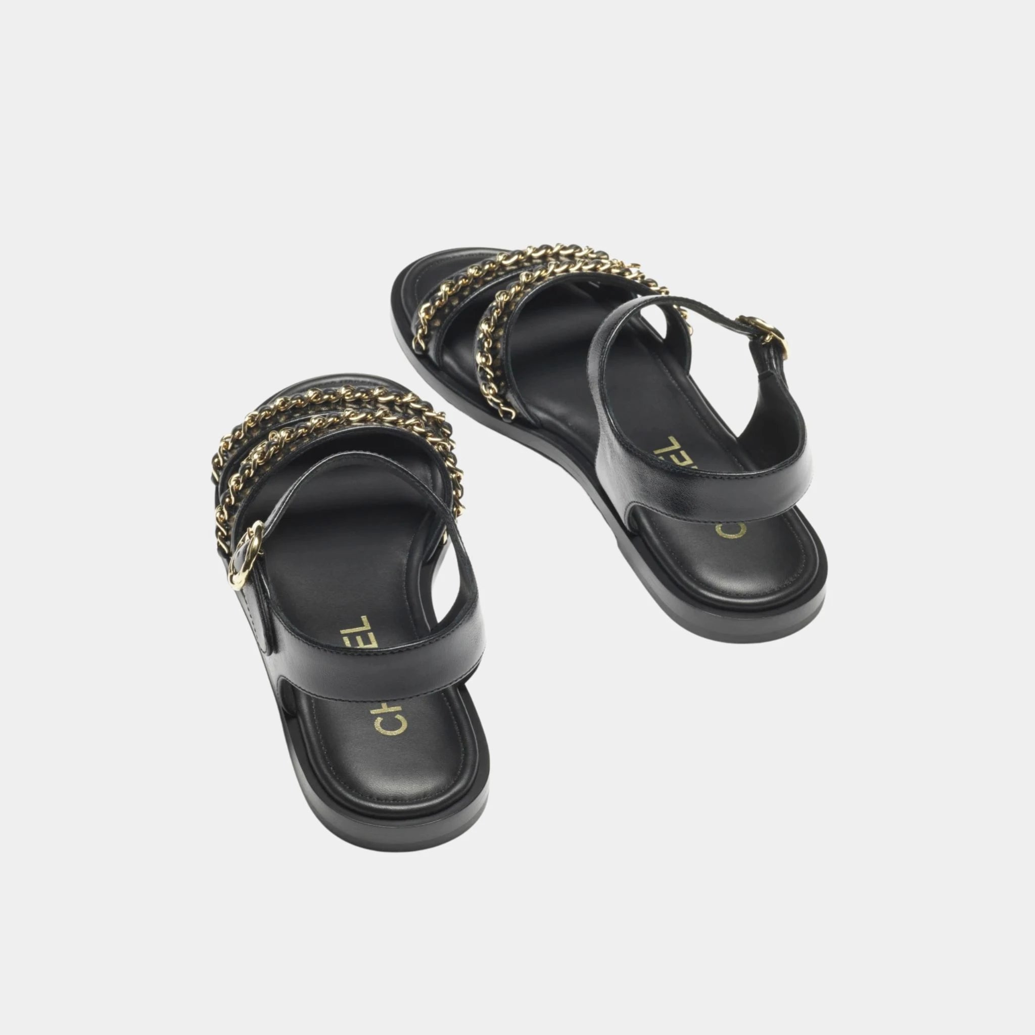 Chanel Sandals in Calfskin with Gold Plated Chains, Black, Back