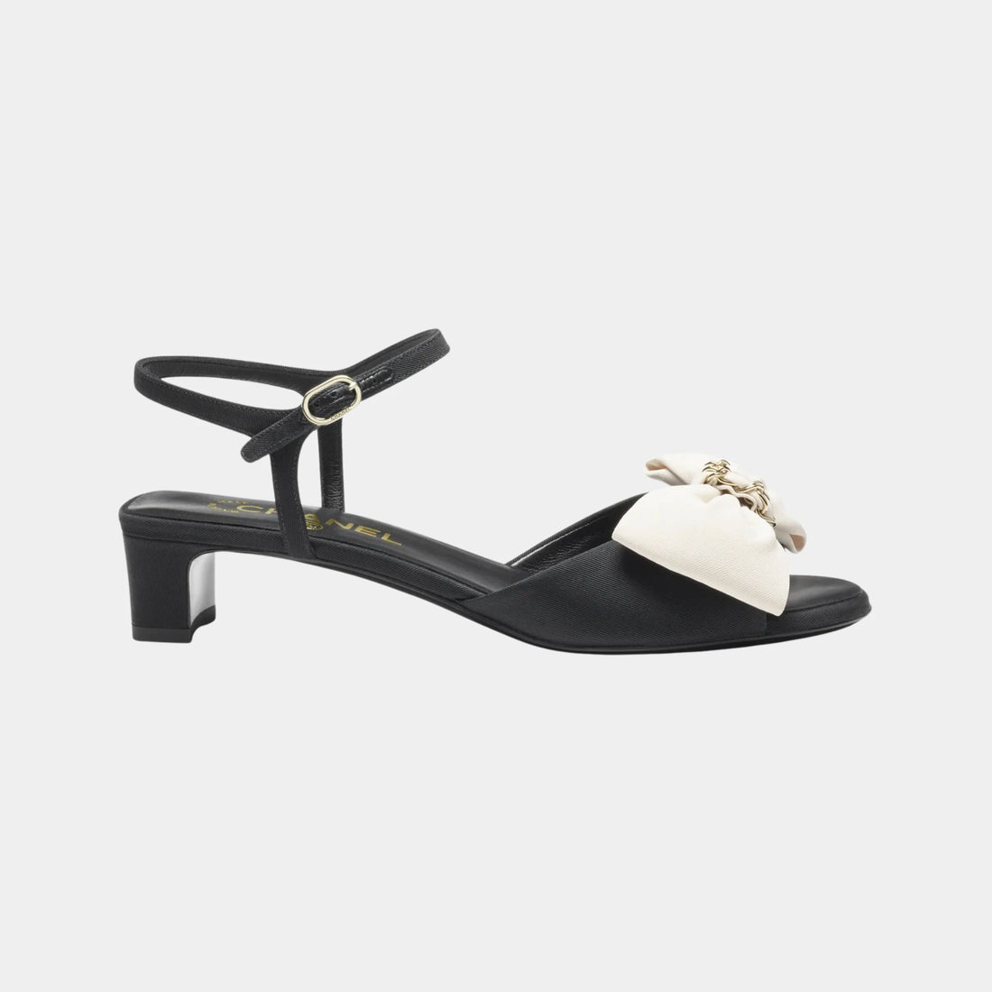 Chanel Sandals in Grosgrain, Black, Ivory, Side