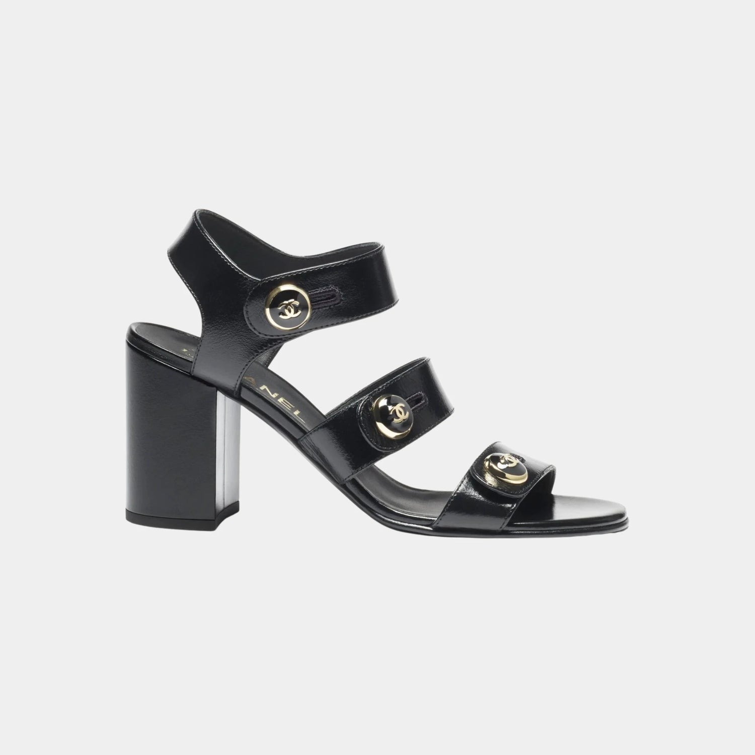 Chanel Sandals in Shiny Calf, Black, Side