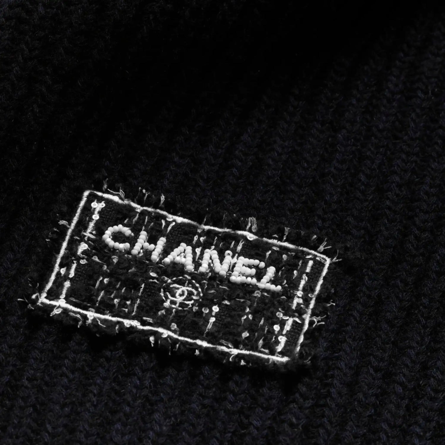 Chanel Scarf Cashmere Navy Blue Black &amp; White, Closeup