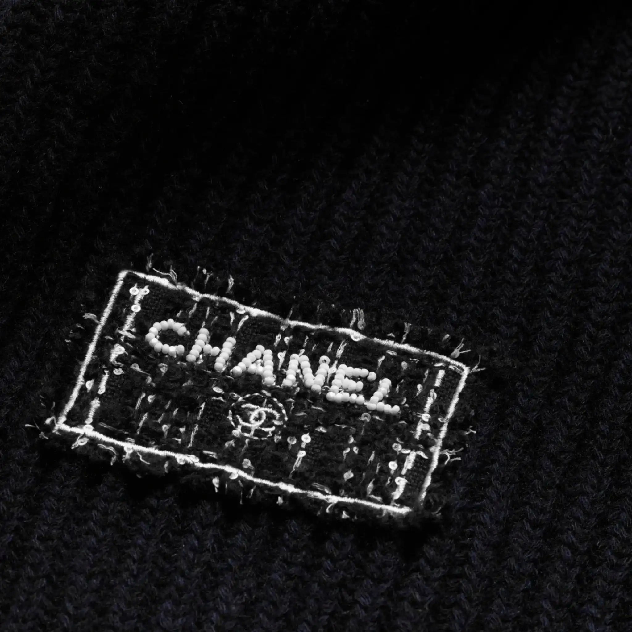 Chanel Scarf Cashmere Navy Blue Black &amp; White, Closeup