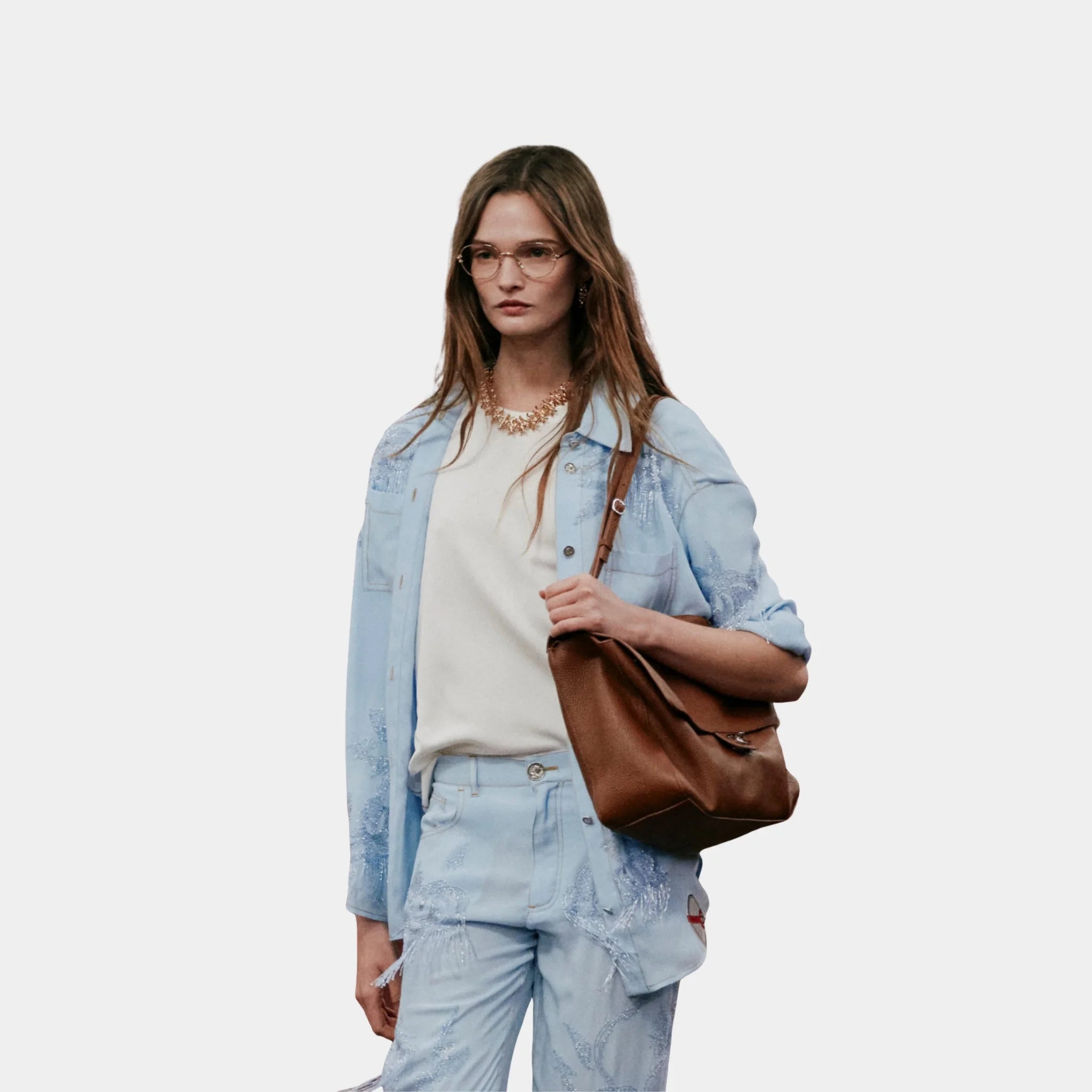 Chanel Shirt Embroidered Silk Charmeuse in Light Blue, Close