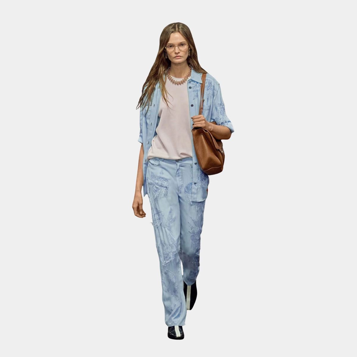 Shirt Embroidered Silk Charmeuse in Light Blue