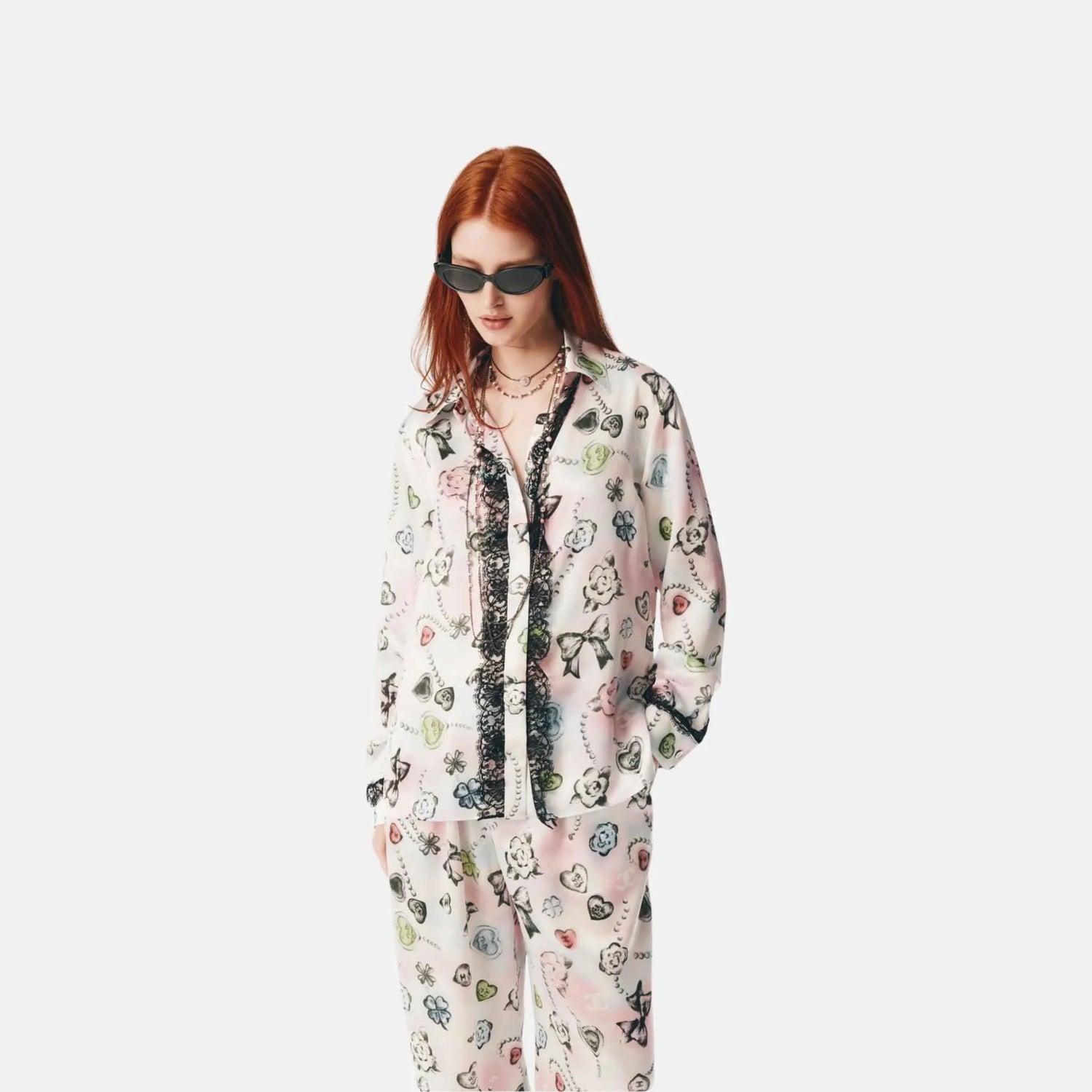 Chanel Shirt in Printed Silk Satin and Lace, Front