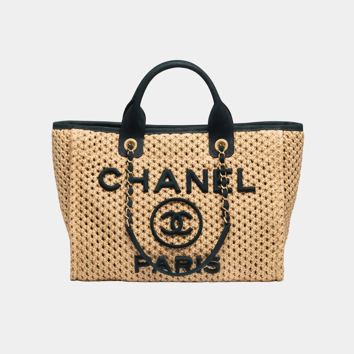 Shopping Bag Braided Straw & Suede Calfskin in Beige & Black