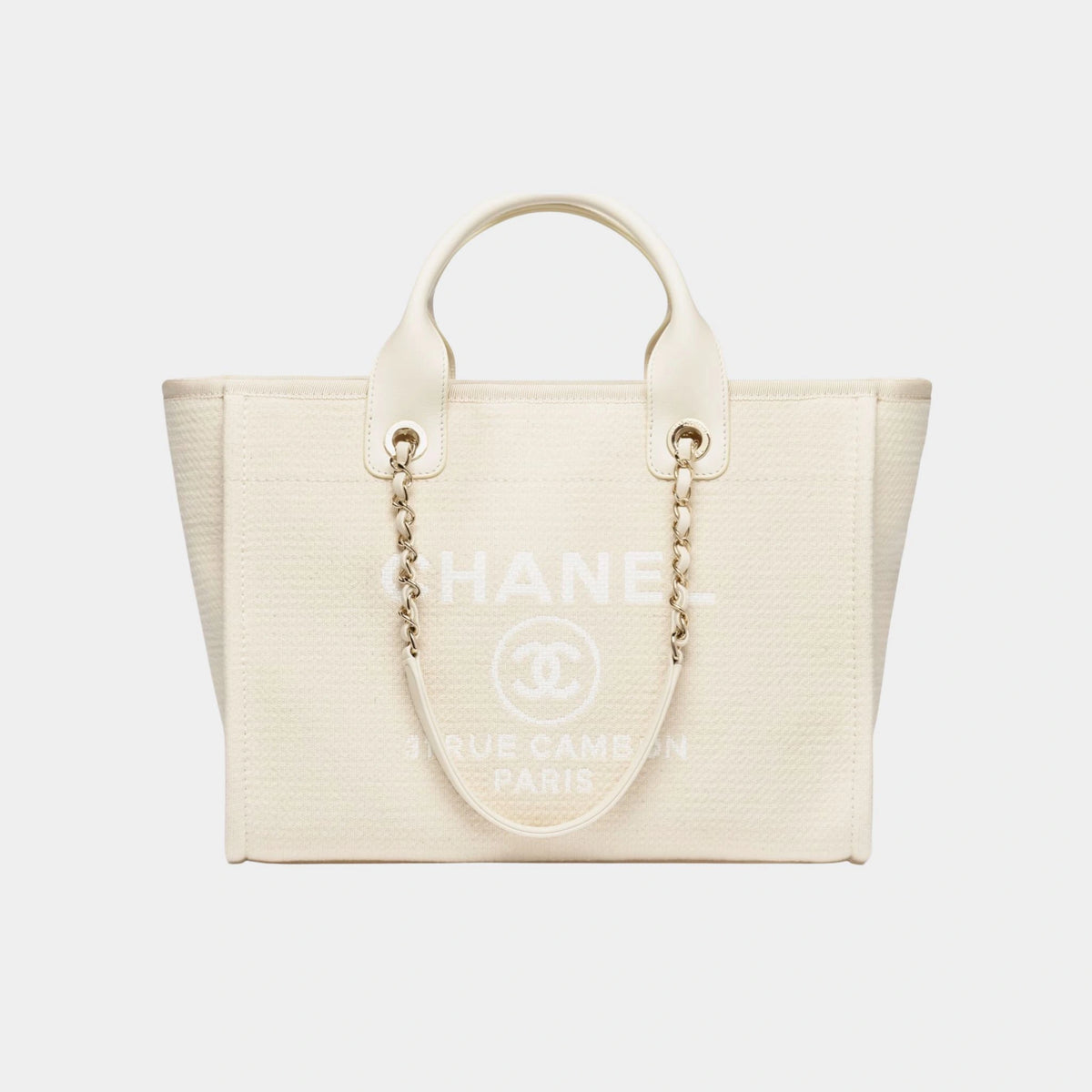 Shopping Bag Canvas & Gold Tone Metal Light Beige