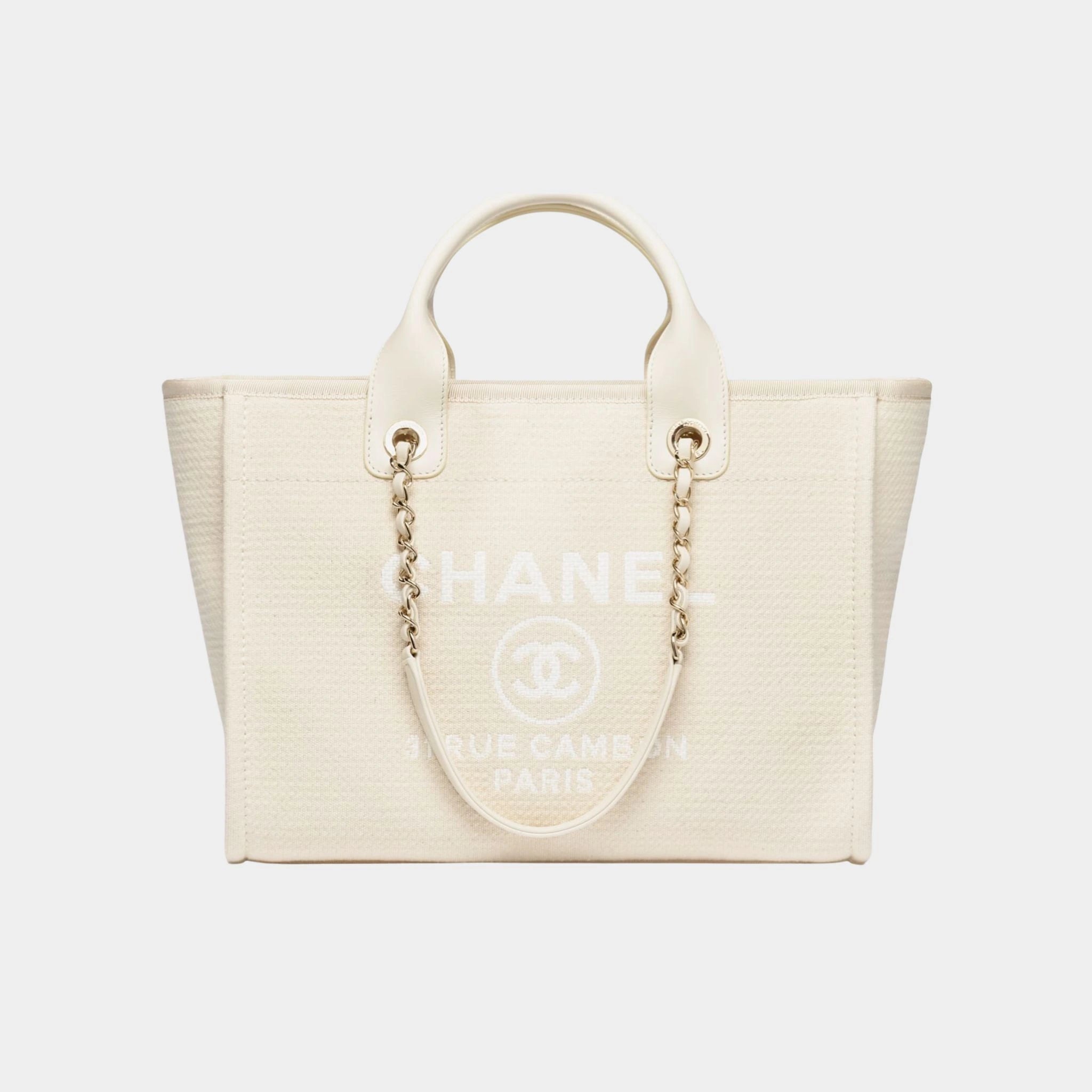 Chanel Shopping Bag Canvas &amp; Gold Tone Metal Light Beige, Front 