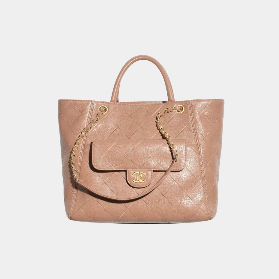 Shopping Bag Grained Calfskin & Gold Tone Metal Brown, Front