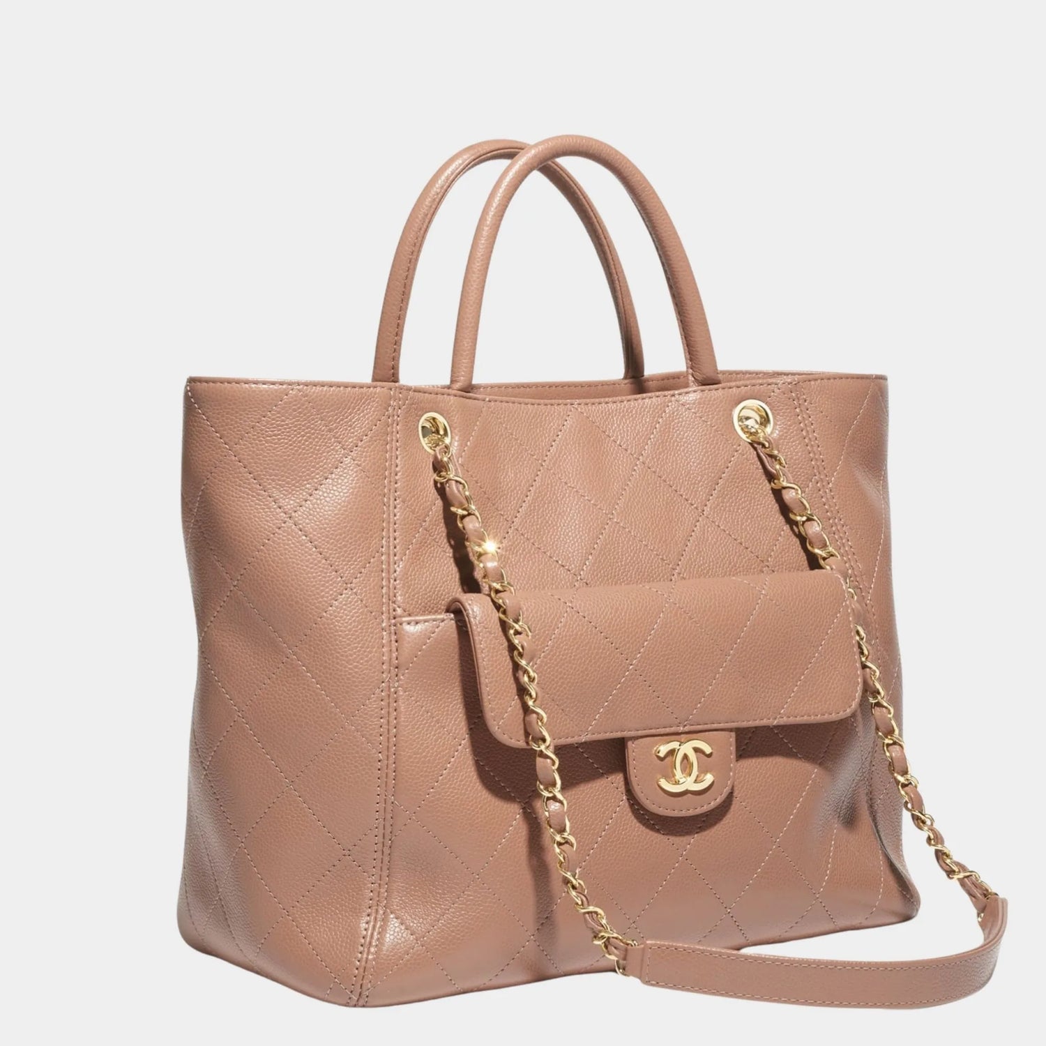 Shopping Bag  Grained Calfskin &amp; Gold Tone Metal Brown, Side