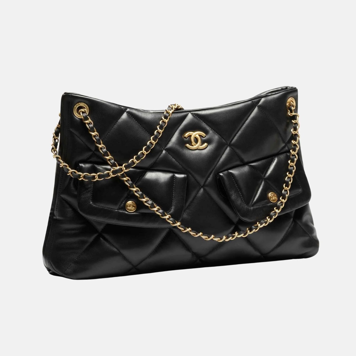 Chanel Shopping Bag Shiny Lambskin Black Gold Tone Metal, Front