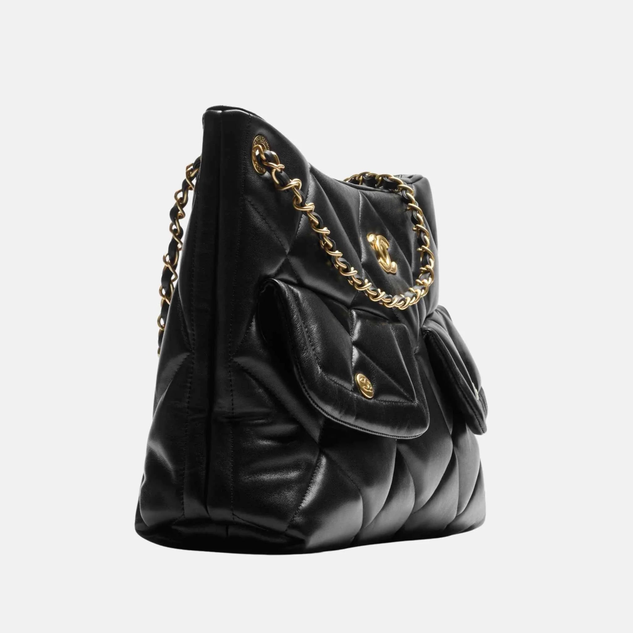 Chanel Shopping Bag Shiny Lambskin Black Gold Tone Metal, Side