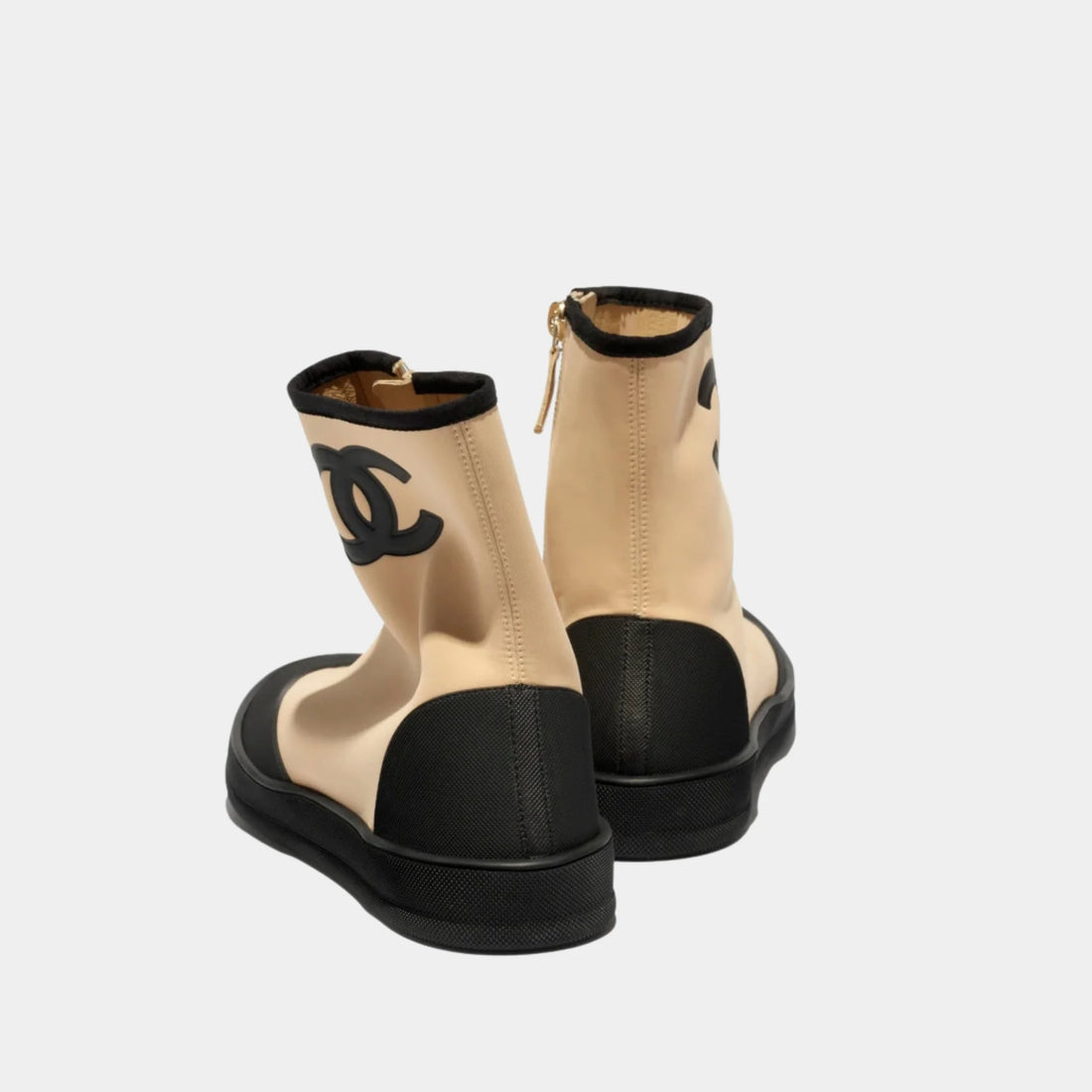 Chanel Short Boots in Mixed Fibers & Rubber, Beige, Black, Back