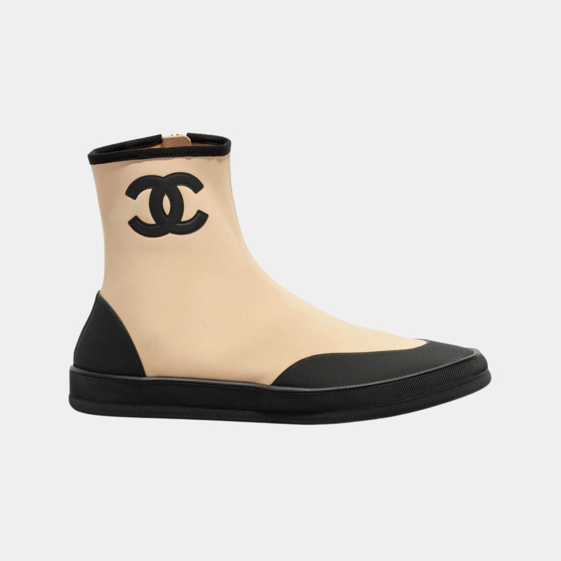 Chanel Short Boots in Mixed Fibers & Rubber, Beige, Black, Side