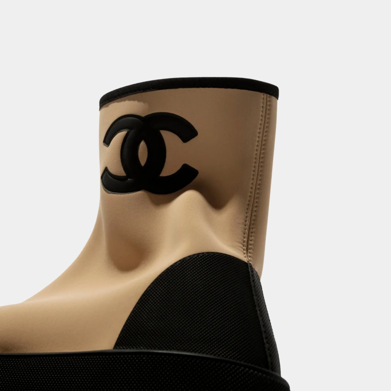 Chanel Short Boots in Mixed Fibers &amp; Rubber, Beige, Black, Top
