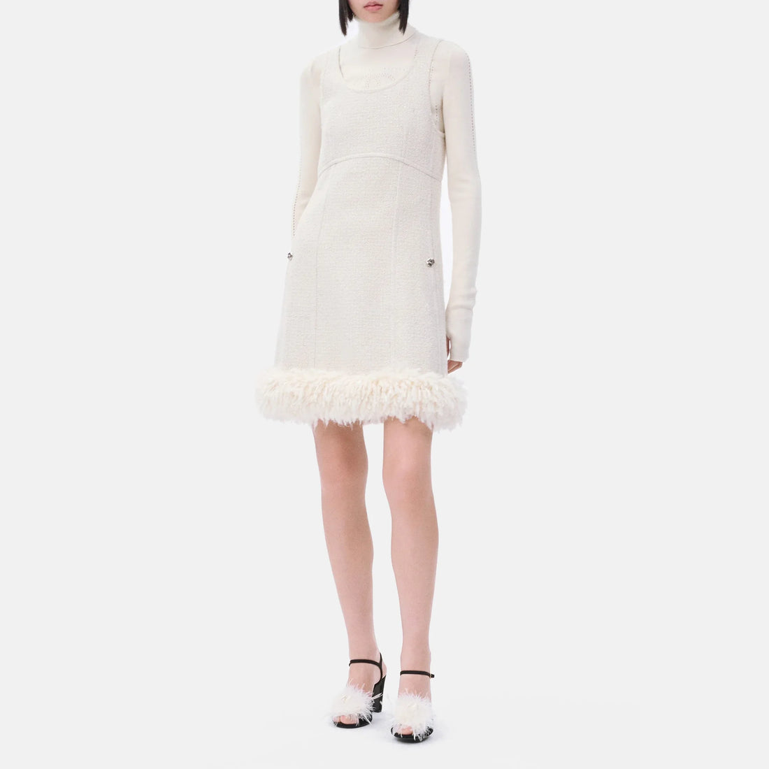 Chanel Short Dress Tweed in Ecru and Silver, Coco Neige 2026, worn front view
