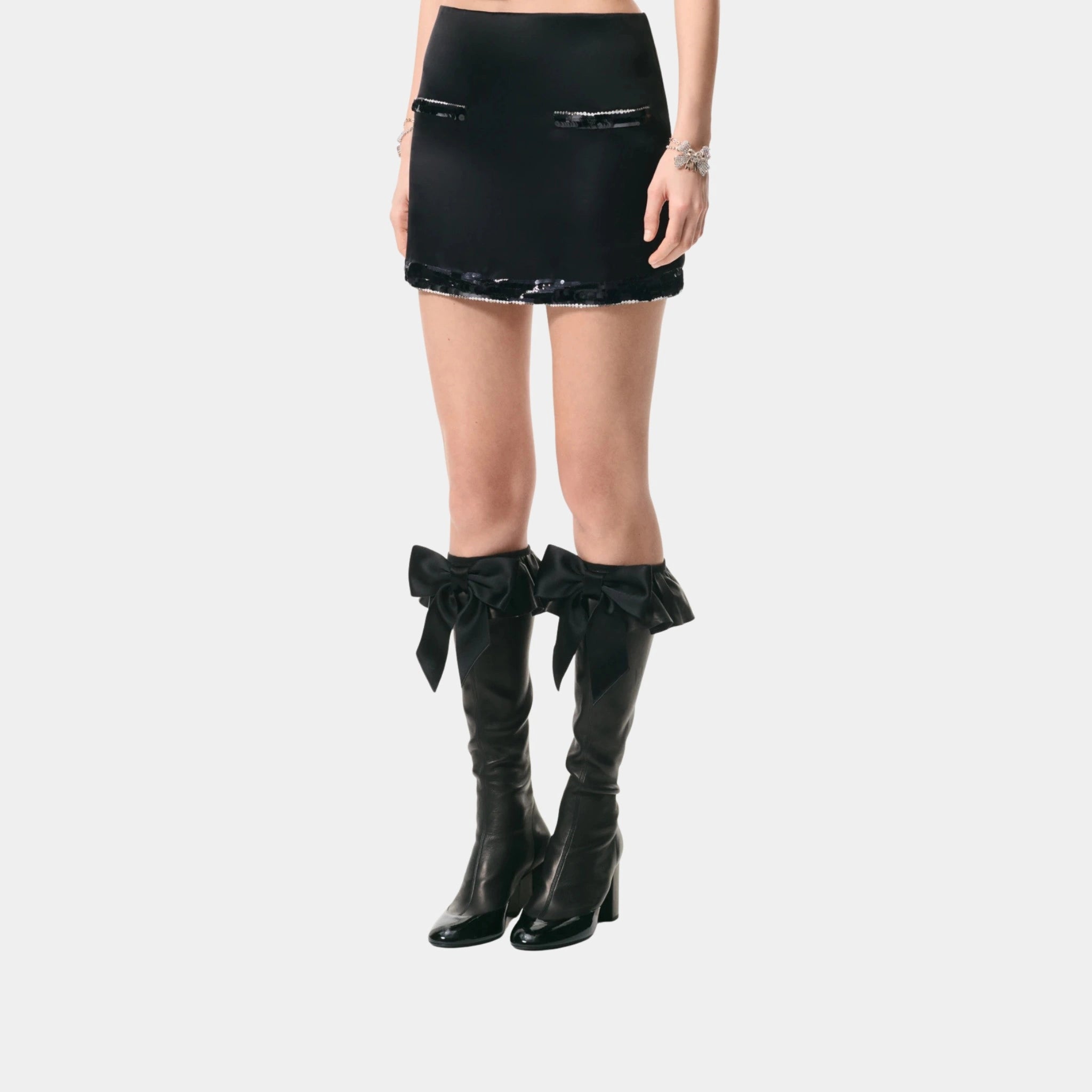 Chanel Short Skirt Silk Organza Embroidered with Sequins, Black, Front