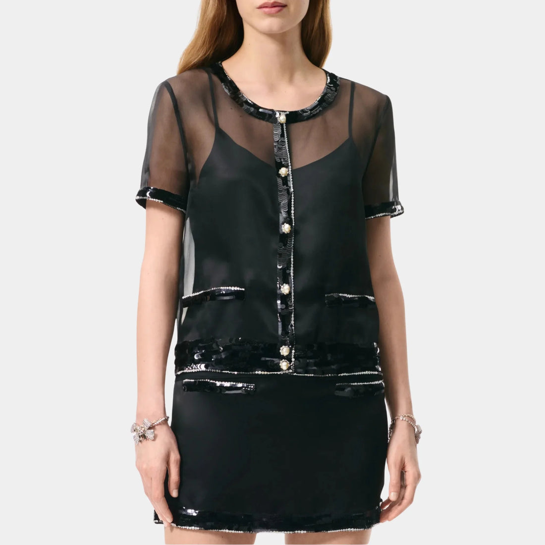 Chanel Short Sleeve Top Silk Organza Embroidered with Sequins, Black, Front