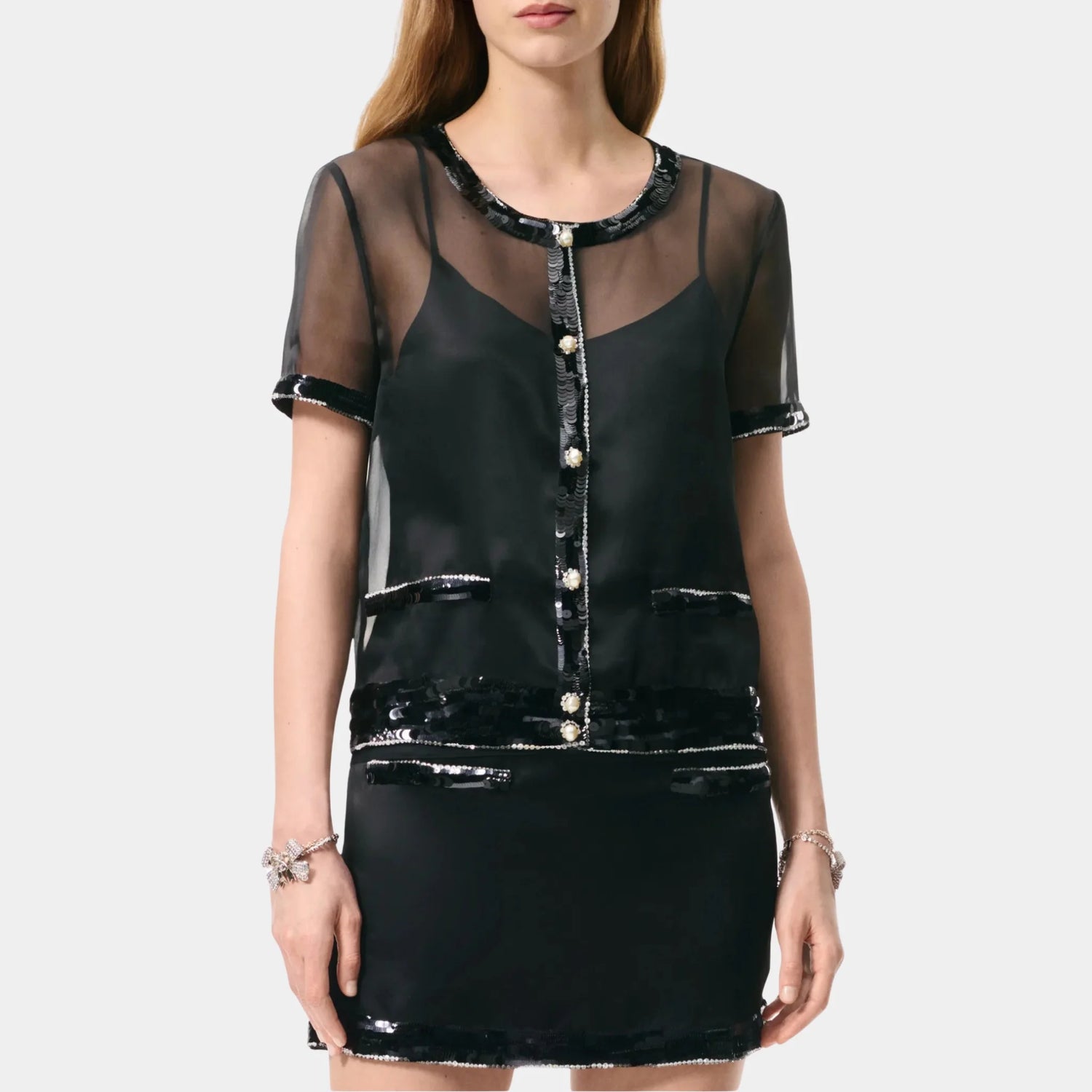 Chanel Short Sleeve Top Silk Organza Embroidered with Sequins, Black, Front