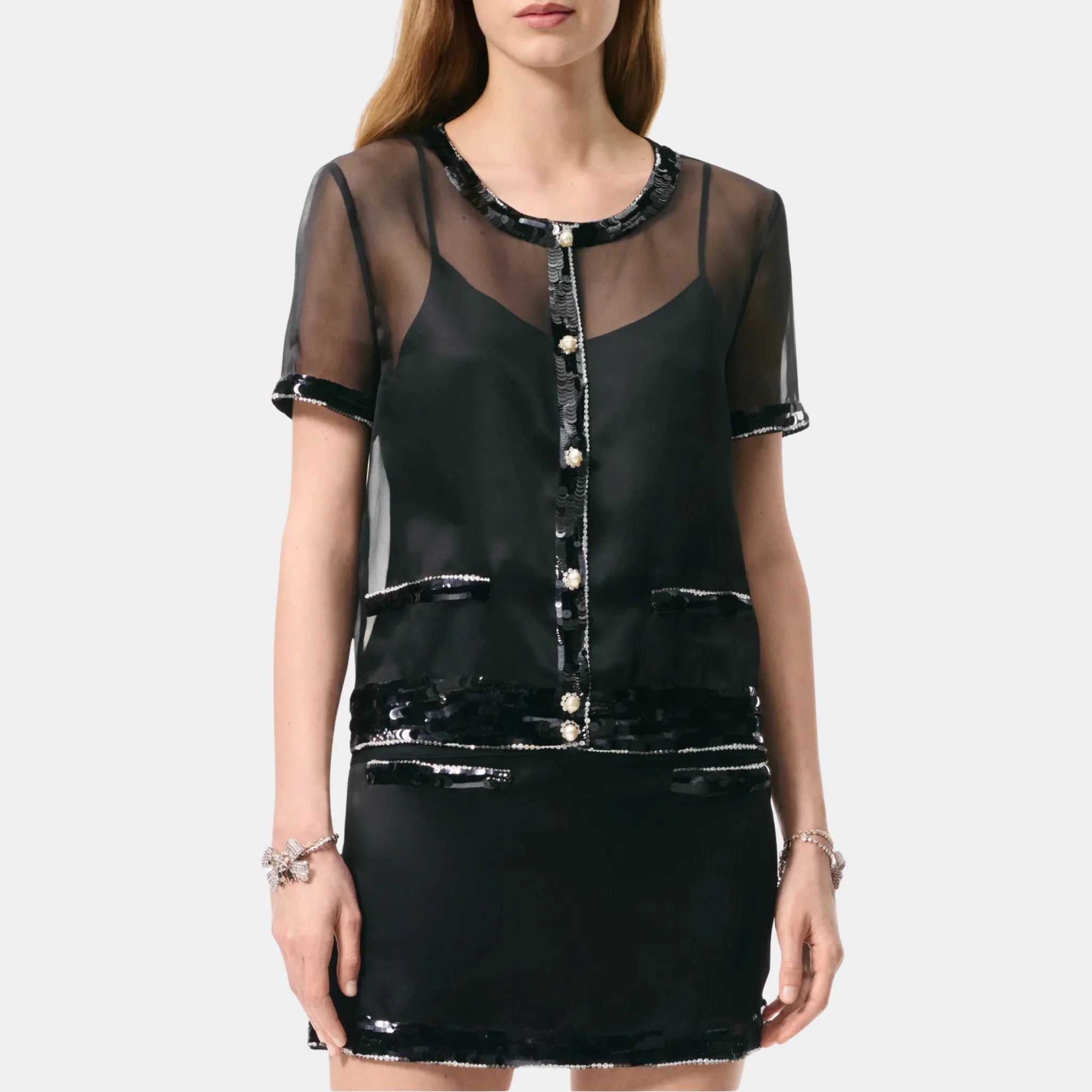 Chanel Short Sleeve Top Silk Organza Embroidered with Sequins, Black, Front