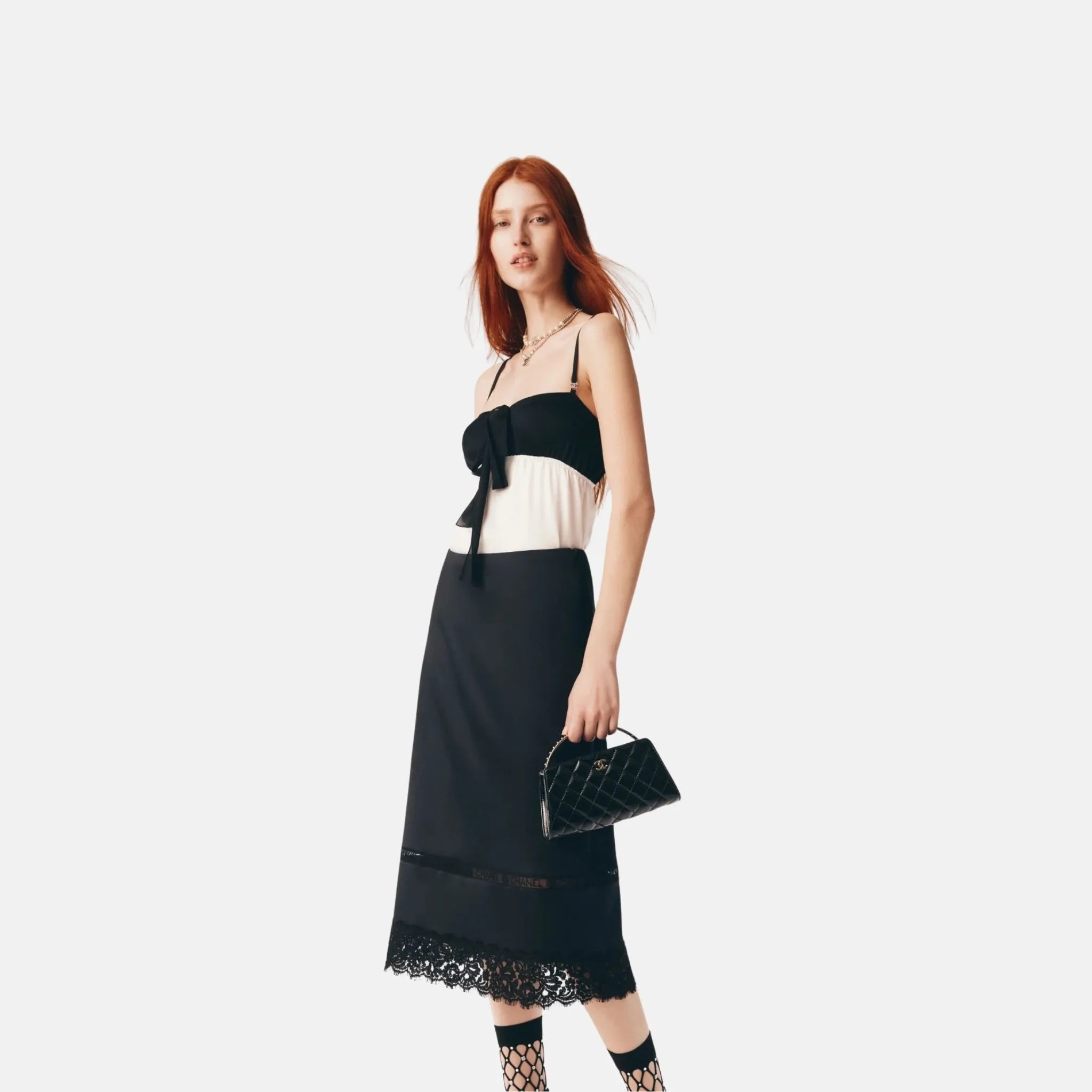 Chanel Skirt in Black Silk Satin and Lace, Front