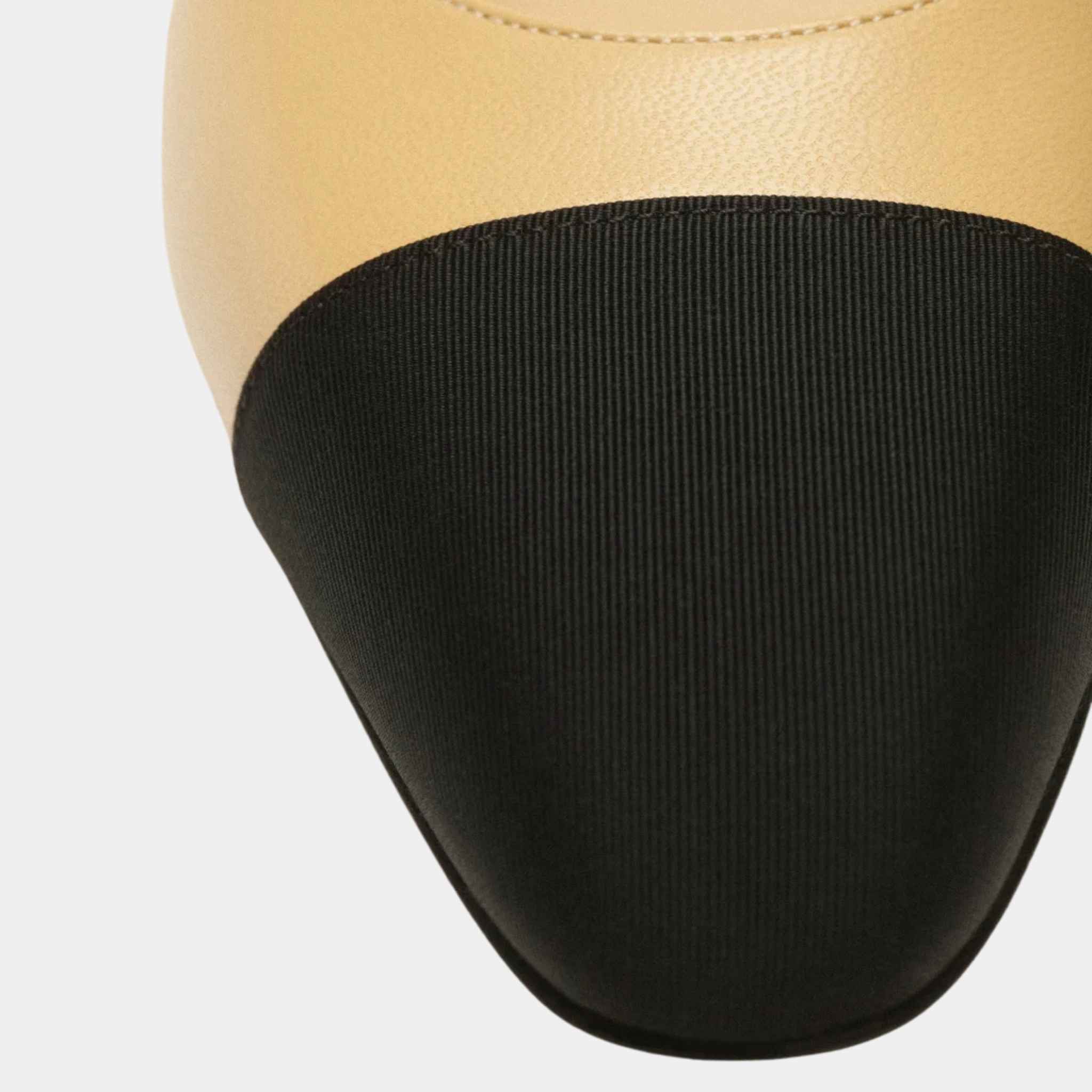 Chanel Slingback in Goatskin and Grosgrain, Beige, Close