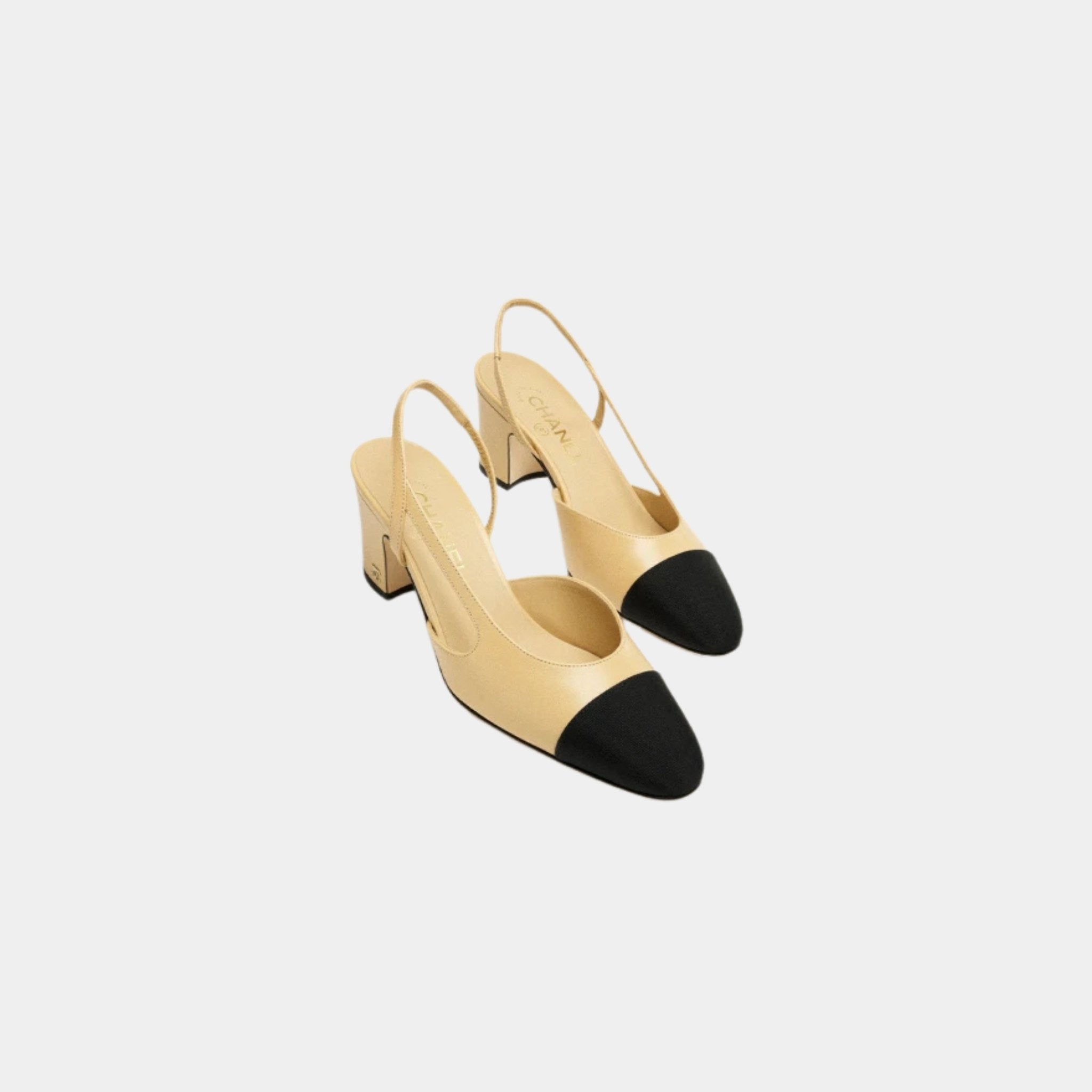Chanel Slingback Heels In Goatskin And Grosgrain, Beige, Black, Front