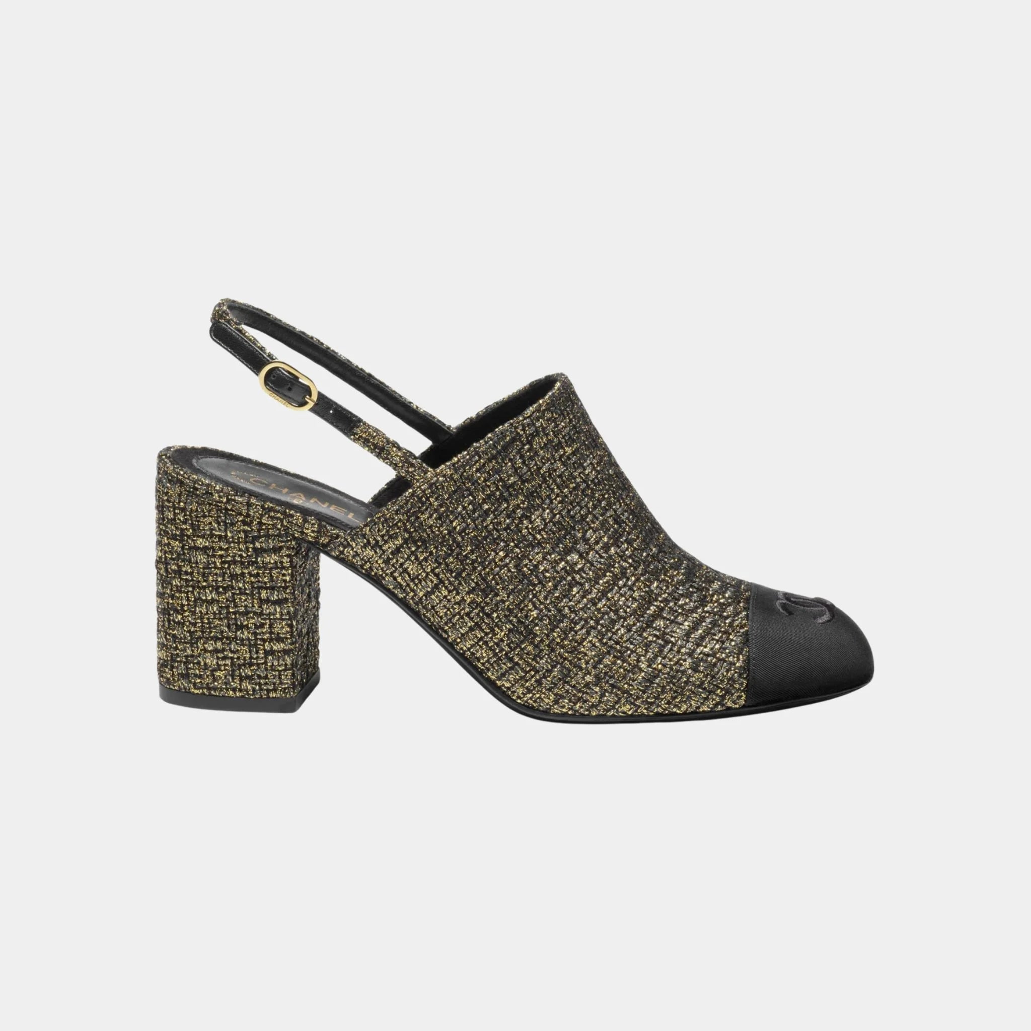 Chanel Slingback in Tweed &amp; Grosgrain, Black, Gold, Side