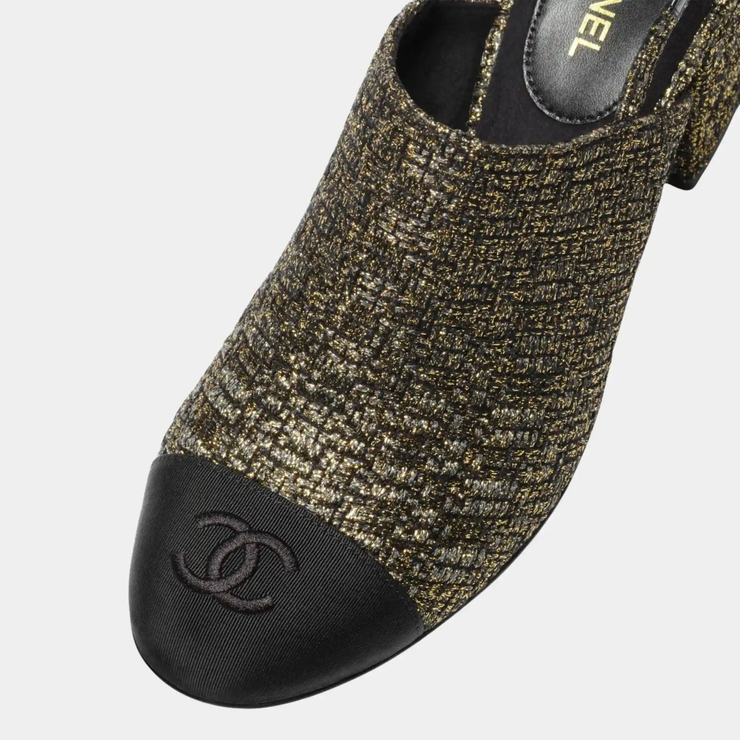 Chanel Slingback in Tweed &amp; Grosgrain, Black, Gold, Top