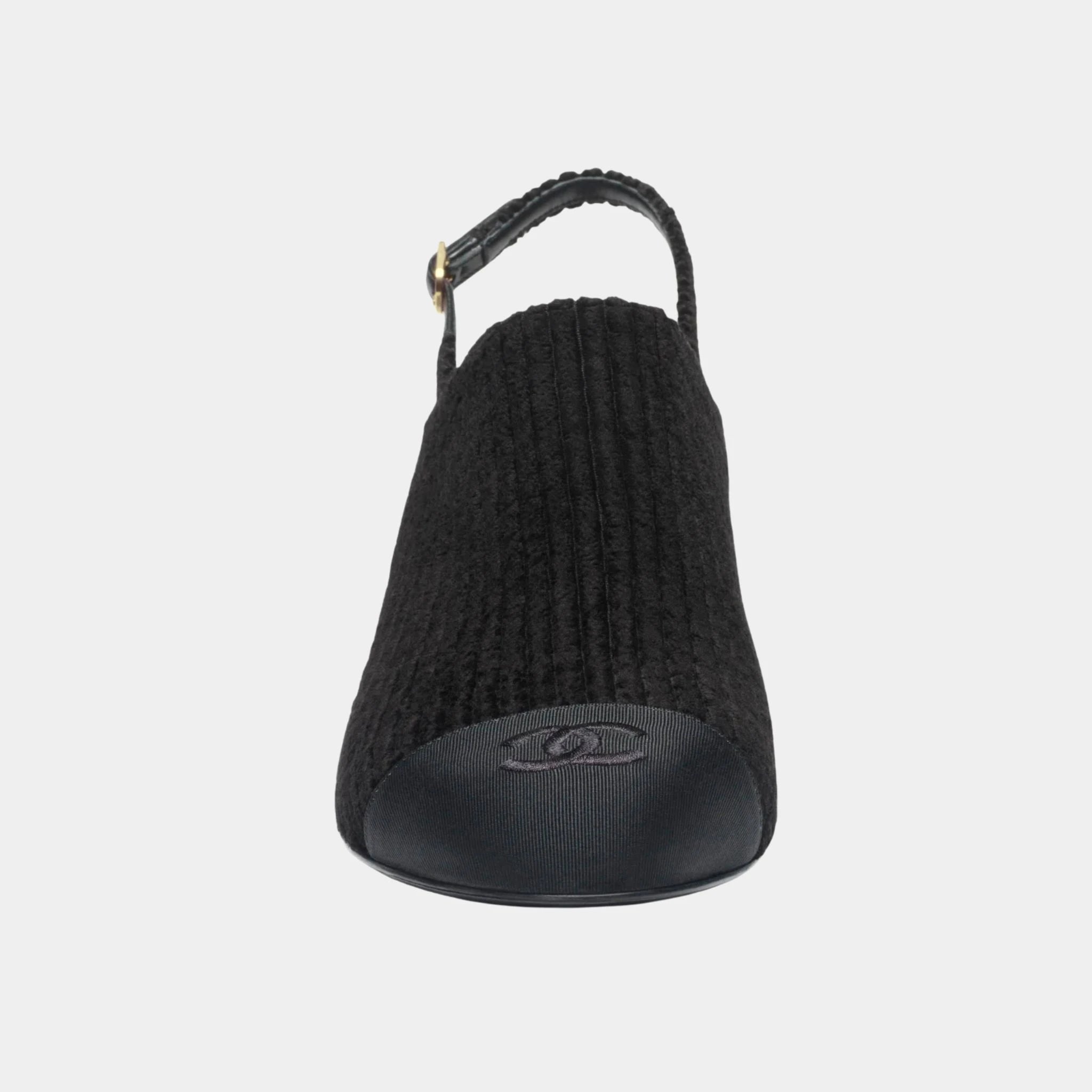 Chanel Slingbacks Corduroy &amp; Grosgrain, Black, Front