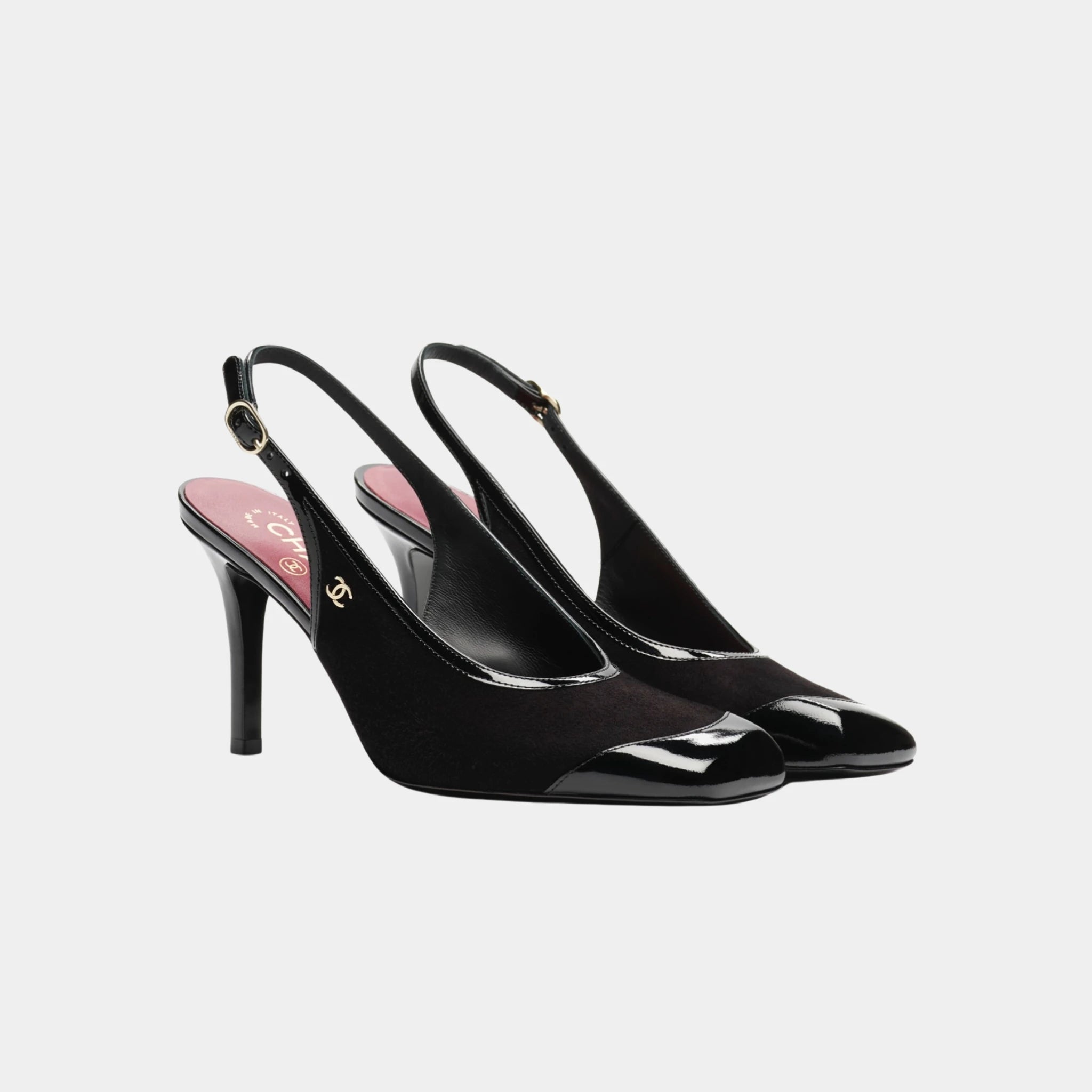 Chanel Slingbacks in Suede Kidskin &amp; Patent Calfskin, Black, Front