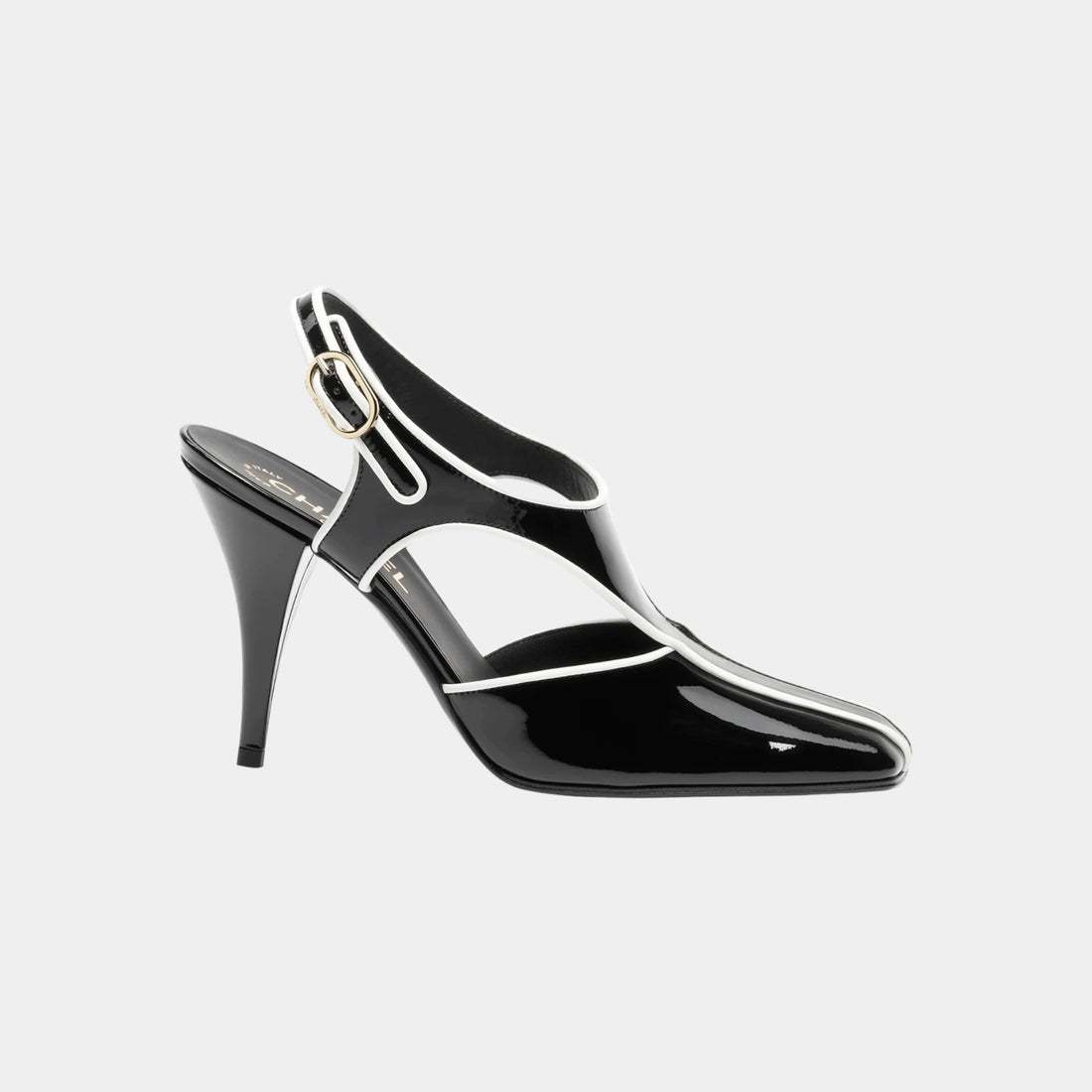 Chanel Slingbacks in Patent Calfskin & Lambskin, Black, White, Side