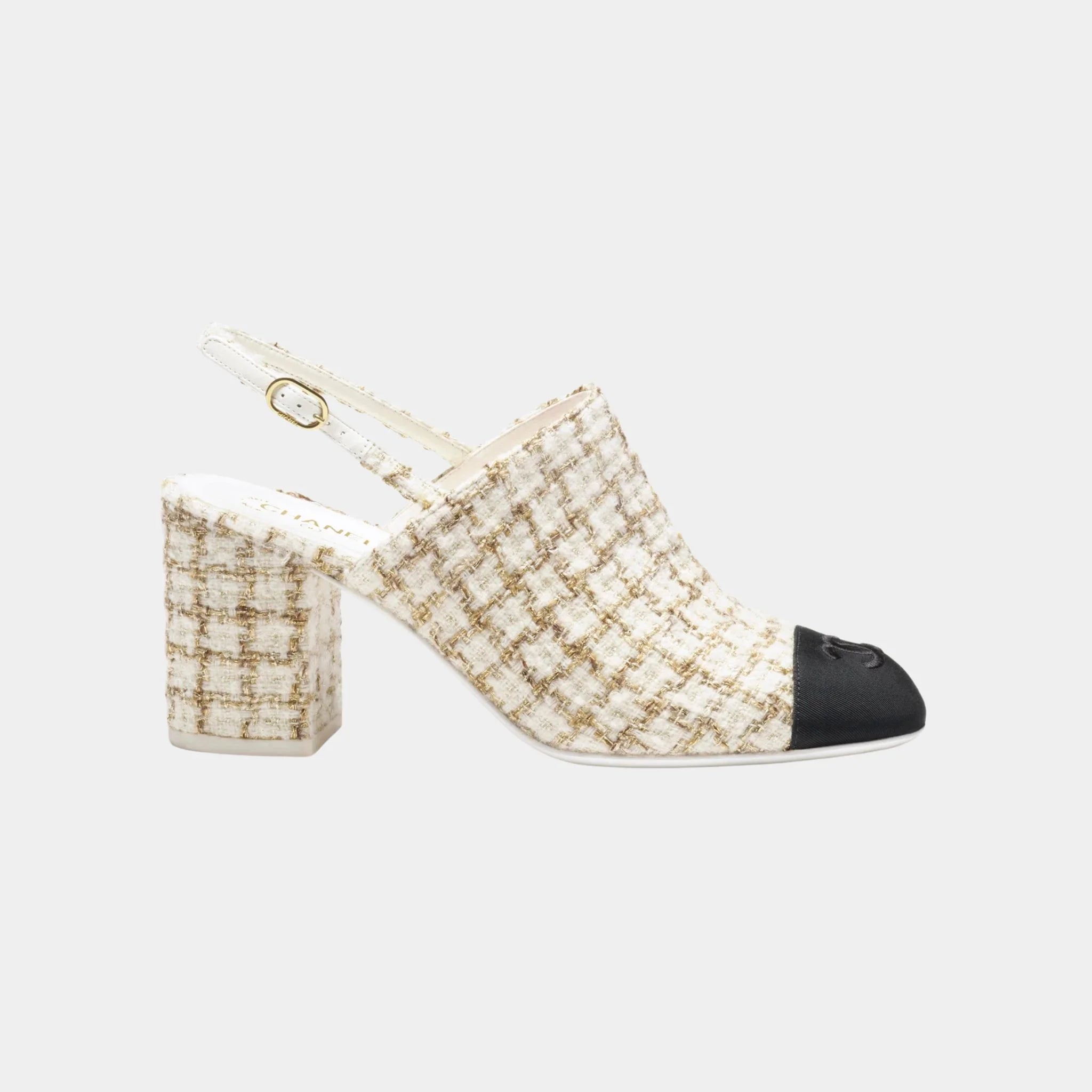 Chanel Slingbacks in Wool, Mohair Tweed &amp; Grosgrain, Ecru, Beige, Gold, Side