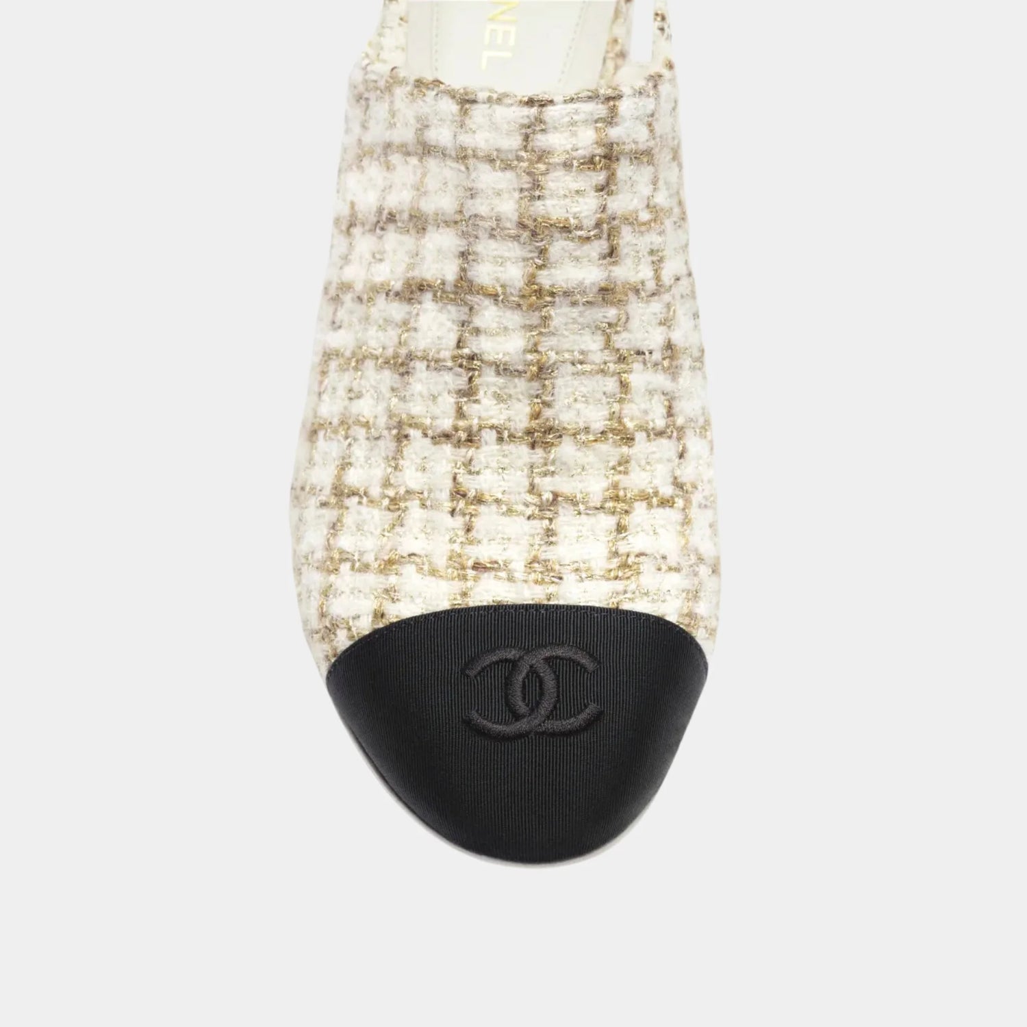 Chanel Slingbacks in Wool, Mohair Tweed &amp; Grosgrain, Ecru, Beige, Gold, Top