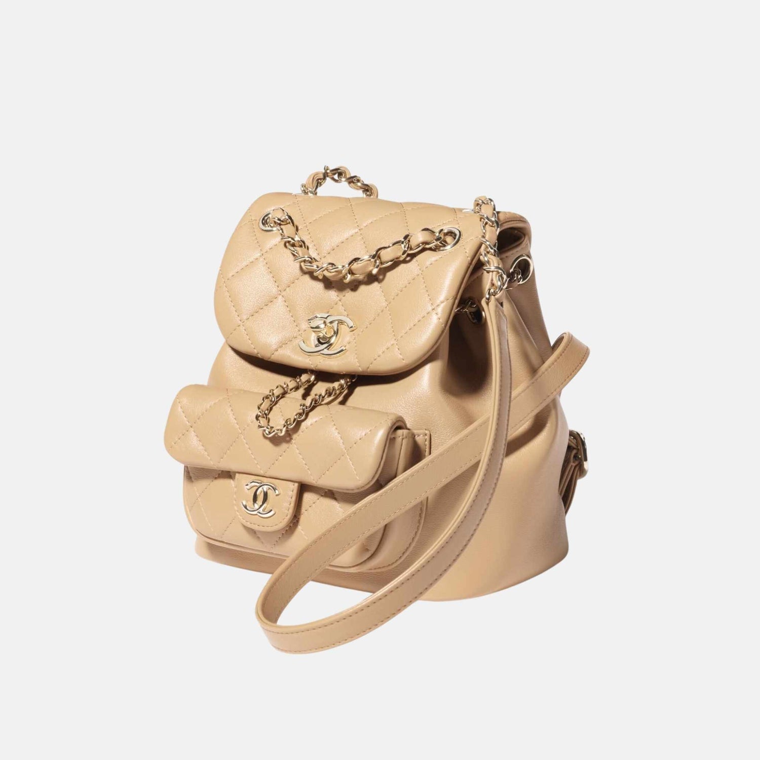 Chanel Small Backpack In Calfskin And Gold Tone Metal, Dark Beige, Side