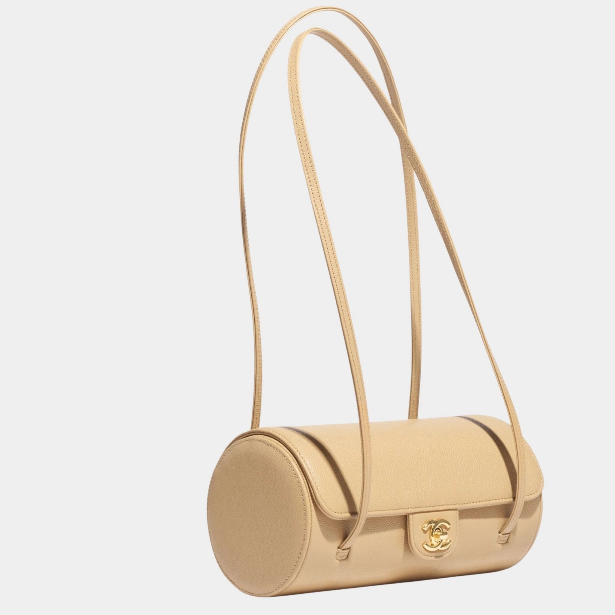 Chanel Small Bowling Bag Grained Calfskin &amp; Gold tone Metal Dark Beige, Side