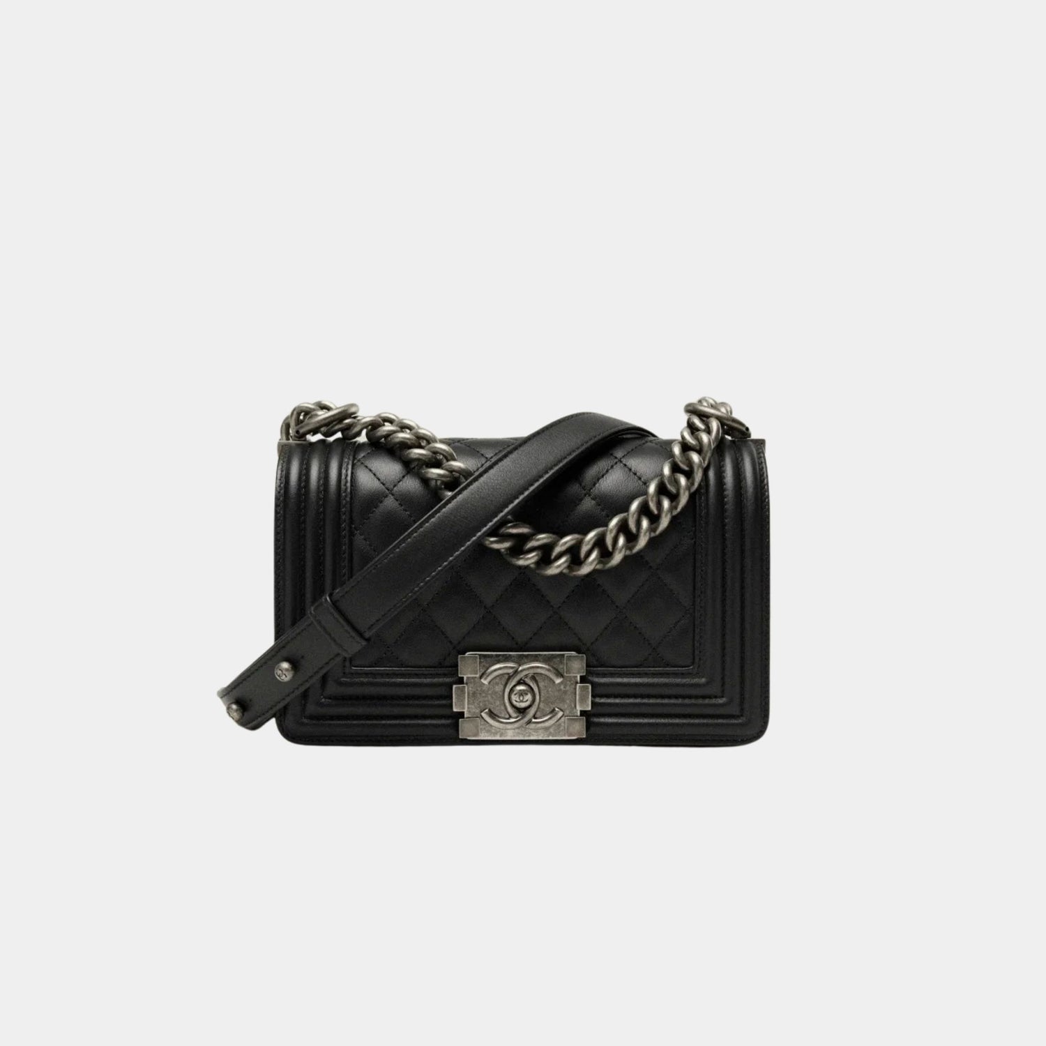 Chanel Small Boy Chanel Handbag Calfskin Ruthenium Finish Metal Black, Front