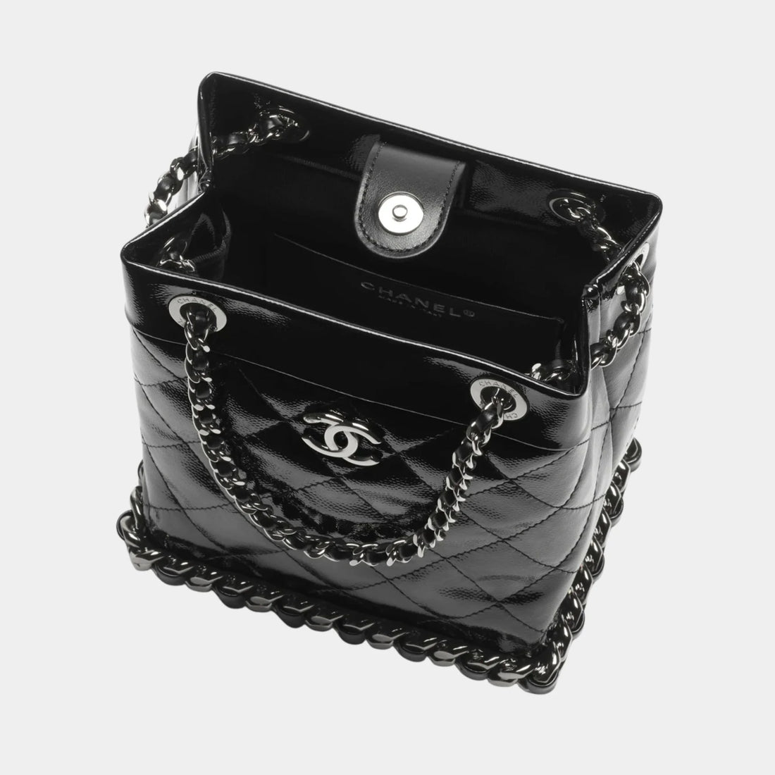 Chanel Small bucket bag Crumpled patent calfskin & metal Black, Top